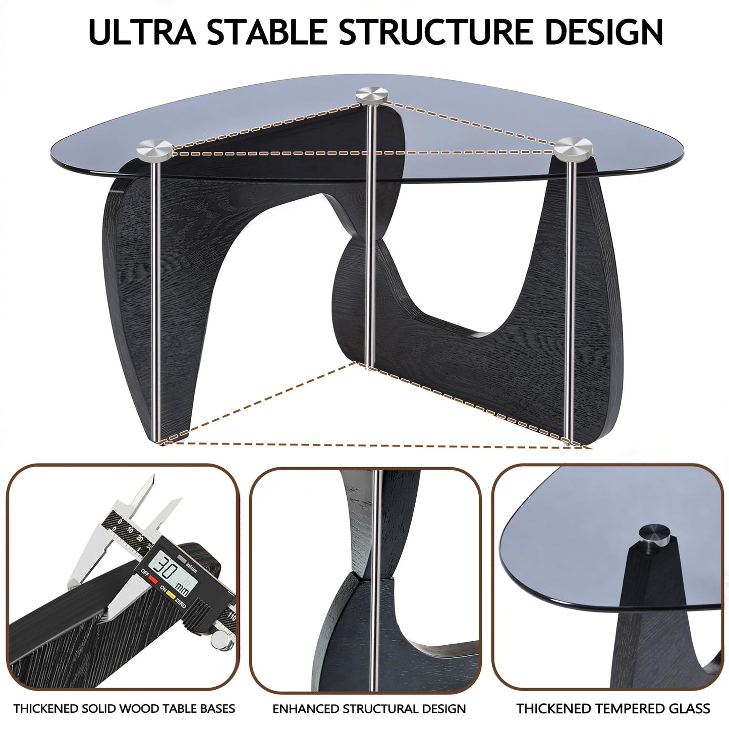Glass Coffee Table, Coffee Table for Living Room Mid Century Modern Center Table with Tempered Glass-top with Sturdy Wooden Base, for Small Space, Apartment, Easy to Install