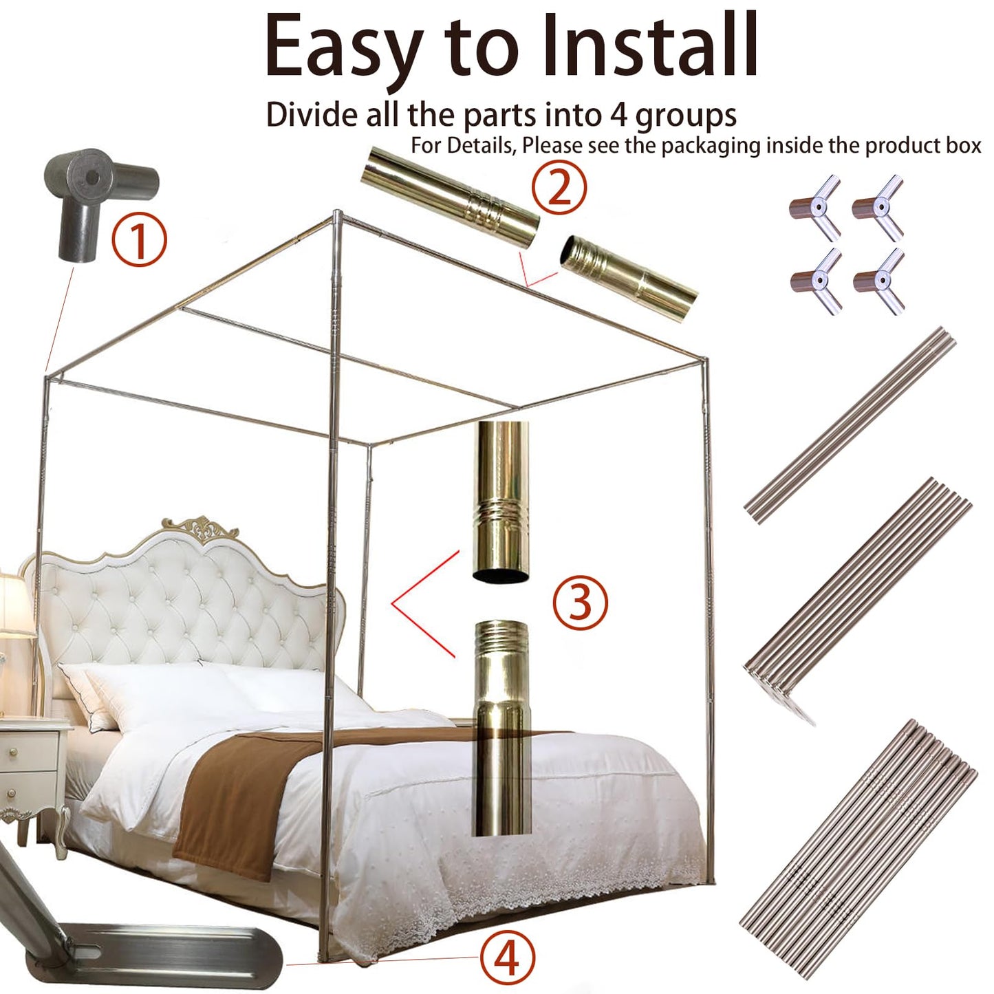 VELSKUD Canopy Bed Frame, Stainless Steel Bed Canopy with 4 Corner Canopy Poles