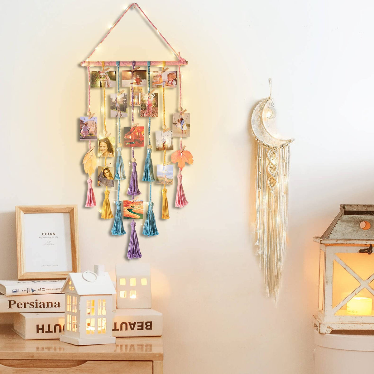Homecor Gifts for Teenage Girls, Hanging Photo Display & Moon Dream Catchers, Christmas Teen Girls Gifts Ideas Ages 10 11 12 13 14 Years Old, Macrame Wall Decor Boho Bedroom Dorm Aesthetic Room Decor