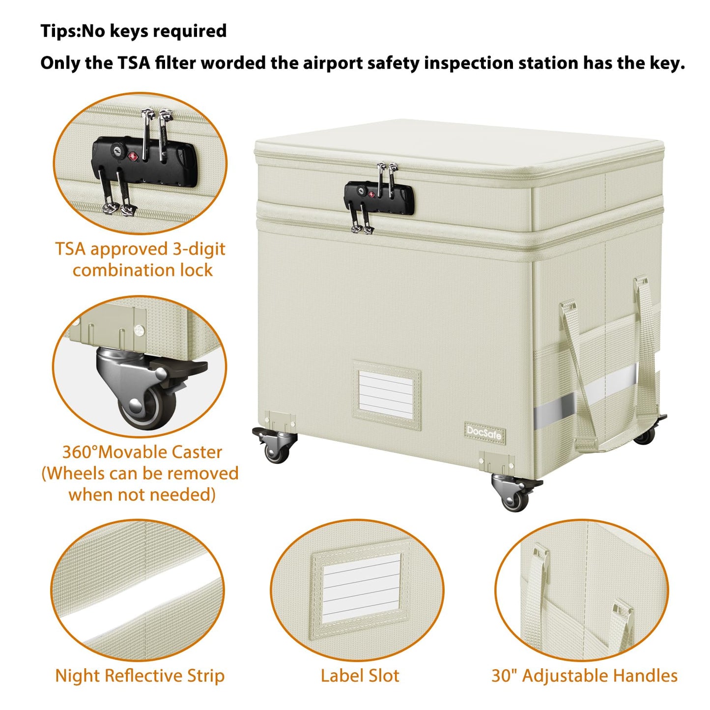 DocSafe Fireproof Document Box with Lock,2-Layer File Box with Wheels,Collapsible File Storage Organizer with Pockets,Large Portable Office Filing Cabinet for Hanging Folders,Beige,16''x13.8''x12.2''