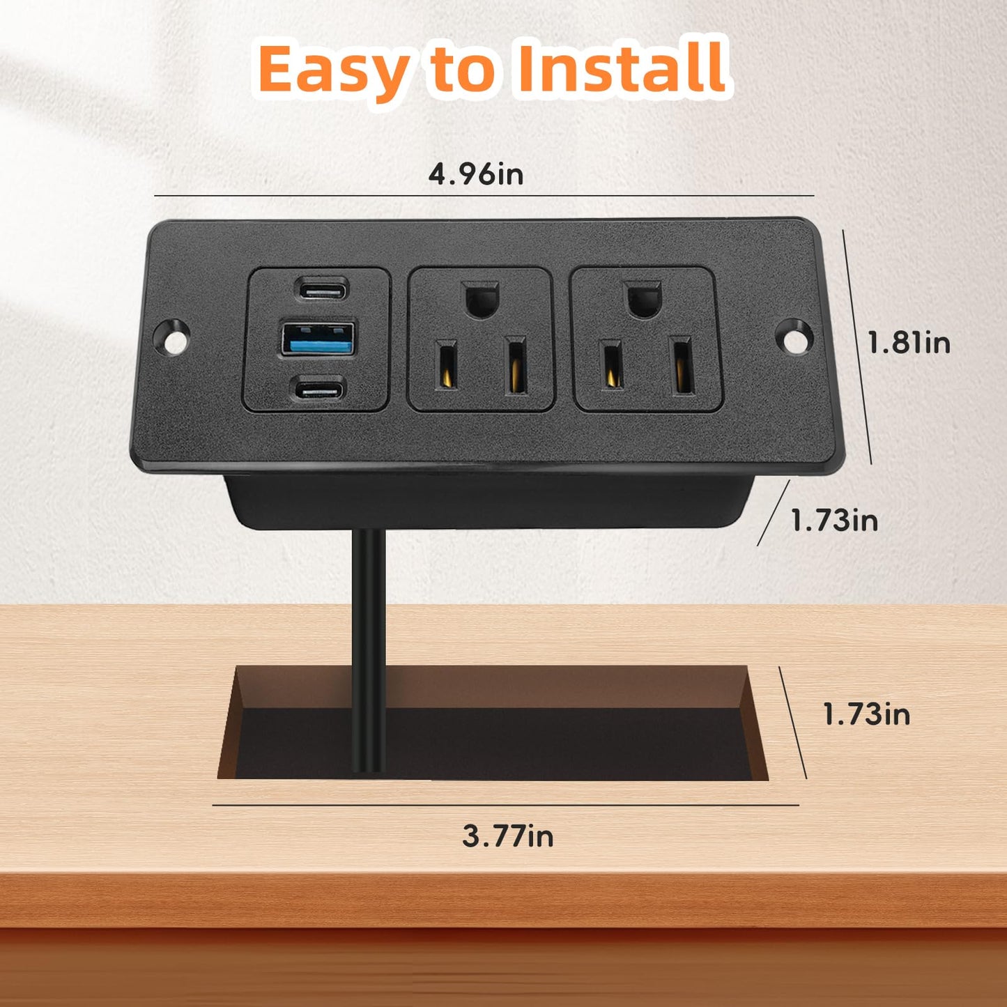 Havorbit Recessed Power Strip USB, 20W Fast Charging Furniture Outlet - 2 AC & 3 USB (2 USB-C + 1 USB-A) for Desk, Bedside, Drawer, Conference Table - Space-Saving, Easy Install, 6FT Cord, Black