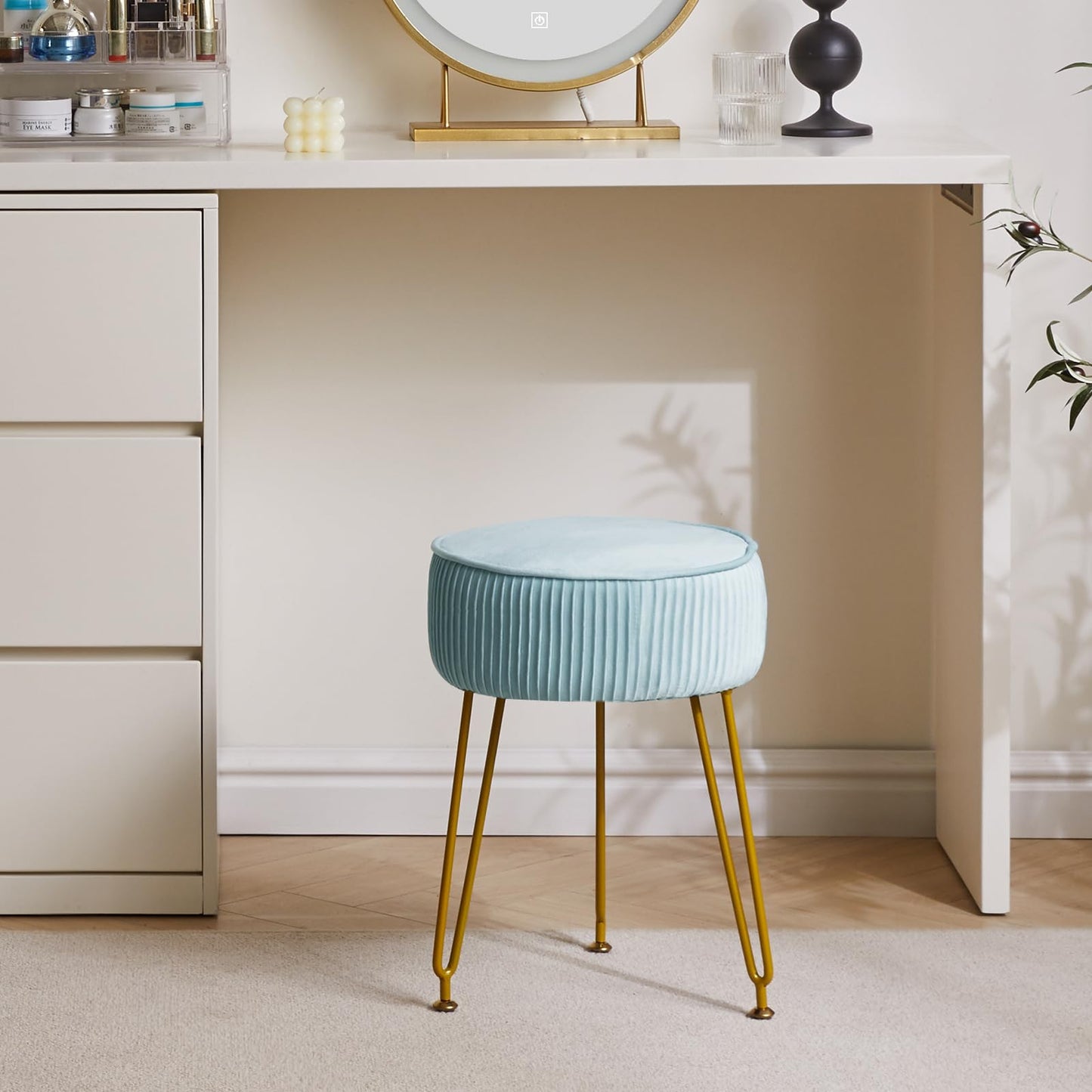 IBUYKE Velvet Round Footrest Stool Ottoman, Makeup Vanity Stool Side Table, Velvet Dressing Table Seat, Pouf Couch Stool, Golden Steel Legs, Blue LG-30H