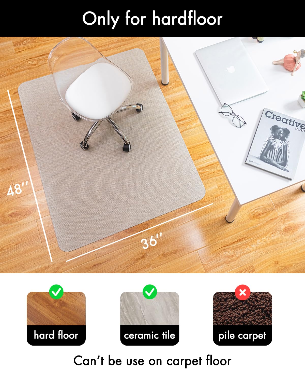 Baroyal Office Chair Mat for Hardwood Floor Under Desk Computer Rolling Chair Mat for Wood/Tile Floor Non-Slip Heavy Duty Desk Rug PVC Plastic Hard Floor Protector 36" x 48" (Parchment)