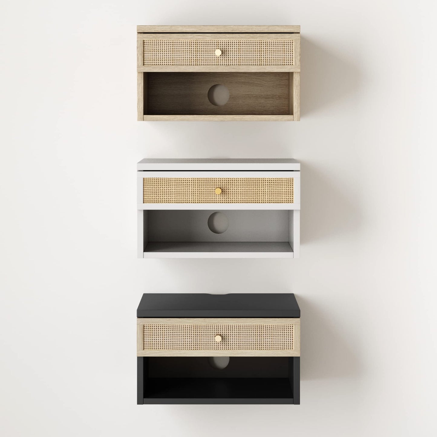 Nathan James Jackson Wall Mounted Rattan Floating Bedroom Nightstand with Storage Drawer and Modern Open Shelf Cubby, Light Oak/Rattan