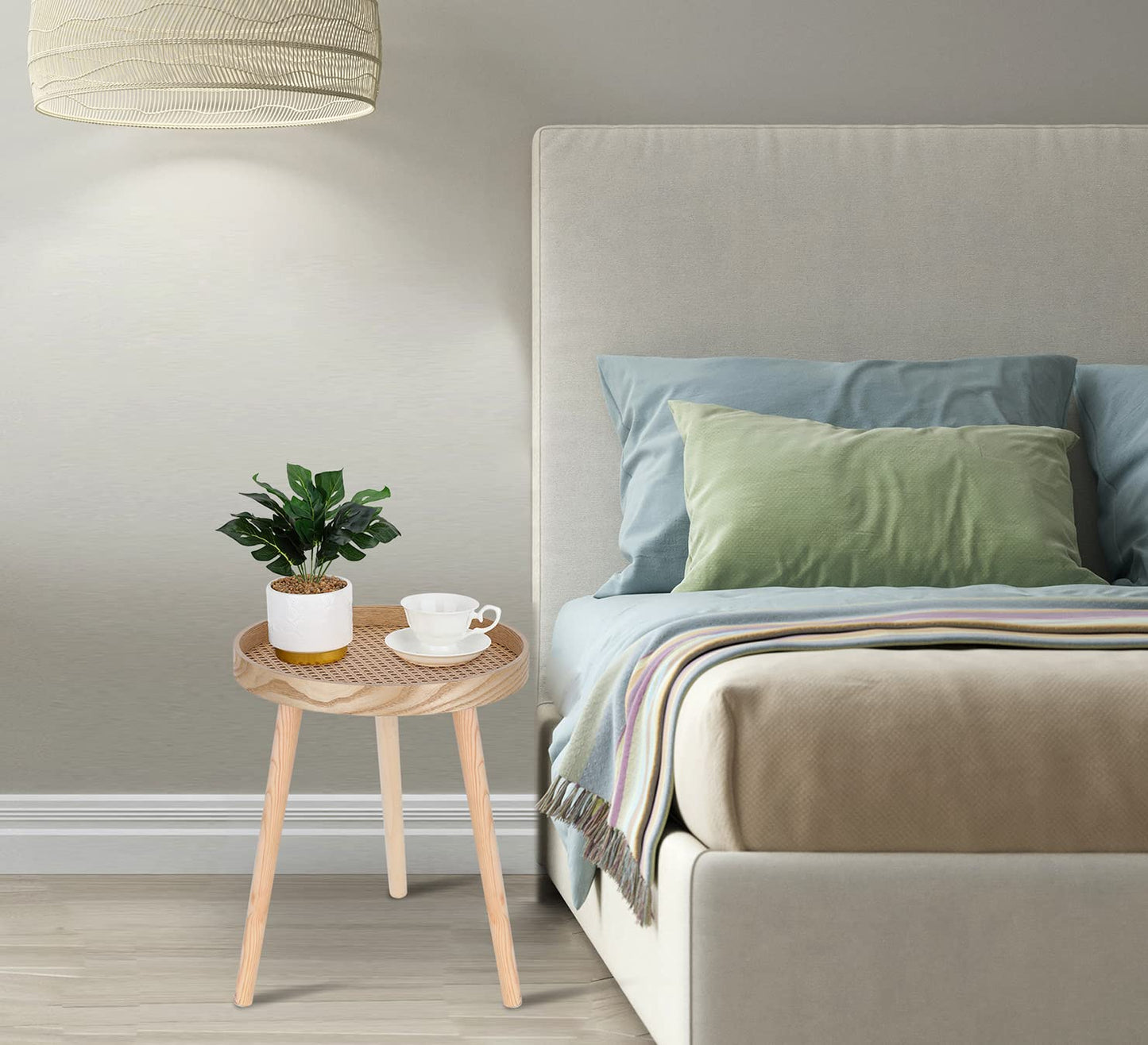 Small Side Table, Rattan Nightstand, Round End Boho Bedside Accent Mid-Century Modern Bed Tables for Living Room Bedroom Office Balcony(Natural Walnut)
