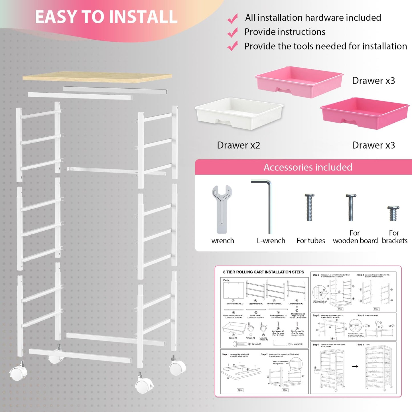 Goovilla Rolling Cart with Drawers, Utility Cart Organizer With 8 Removable Drawers and Wooden Tabletop, Lockable Rolling Storage Organizer for Art, Classroom, Home, Dorm, Office, Craft Storage, Pink