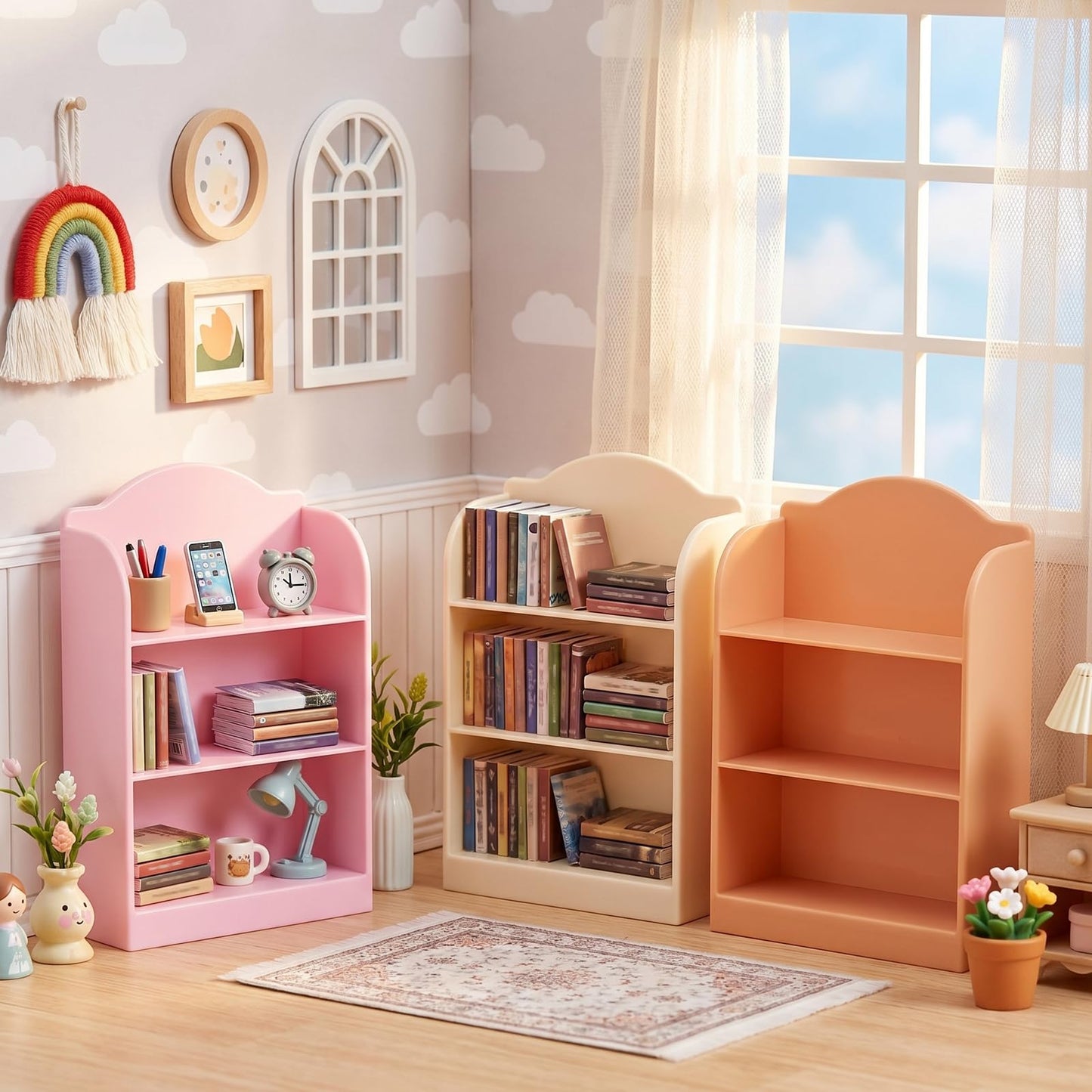 Susade 3Pcs Miniature Supermarket Shelves Mini Doll House Store Storage Bookshelf Display Shelves Furniture Model 3Layers Kitchen Shelf Display Books Storage Racks Mini Food Drink Bottle Locker Decor