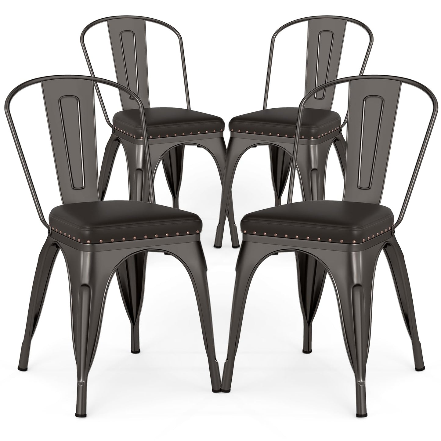 COSTWAY Metal Dining Chairs Set of 4, 18.5 Inch Stackable Industrial Kitchen Tolix Side Chairs with Cushions, Detachable High Back for Dining Room, Cafe, Restaurant, Bistro (Bronze)