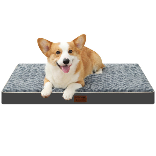 YIZHUOPET Orthopedic Rose Plush Cover Dog Bed,Small M Sized Dog 30''X20''x3'' Soft Waterproof Egg Foam Pet Crate Beds Mat or Kennel Pads with Removable Washable Cover,Non-Slip Bottom,Grey