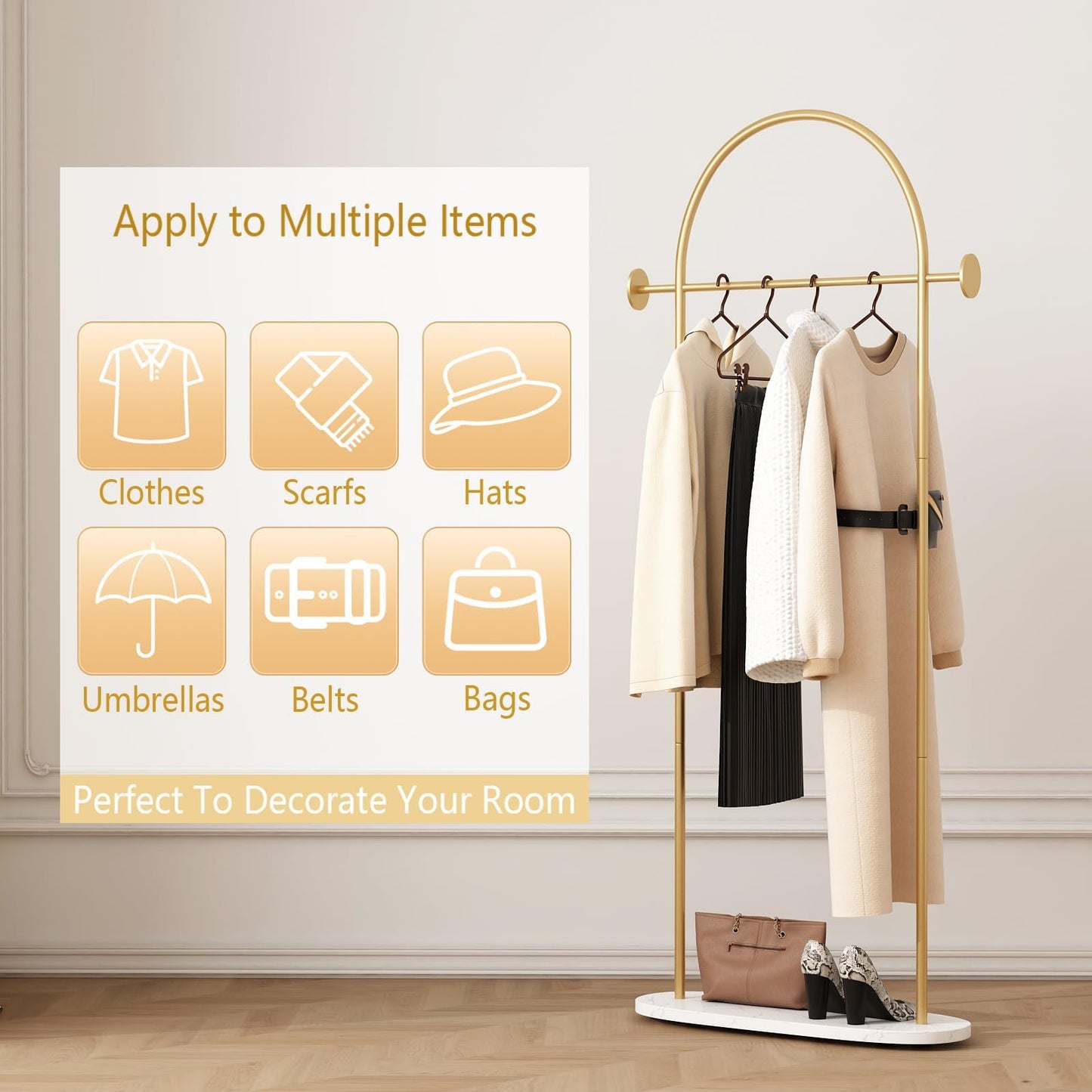 IronJiaZu Modern Gold Coat Racks with Marble Base, Gold Clothing Racks with Shelves, Heavy Duty Clothes Rack Stand for Entryway, Bedroom, Living Room, Boutiques