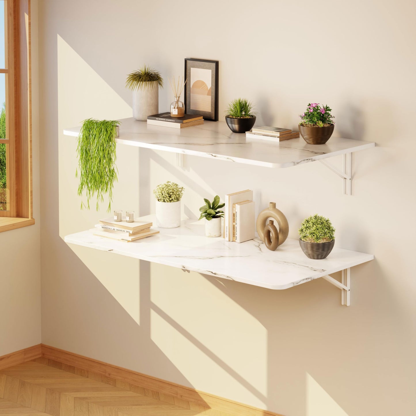 IAE Wall Mounted Floating Foldable Desk, 36" x 22" Folding Computer Workstation Table with Engineered Wood and Metal Shelf Brackets,Fold&Floating Design for Home Office, Apartment,Laundry Room, White