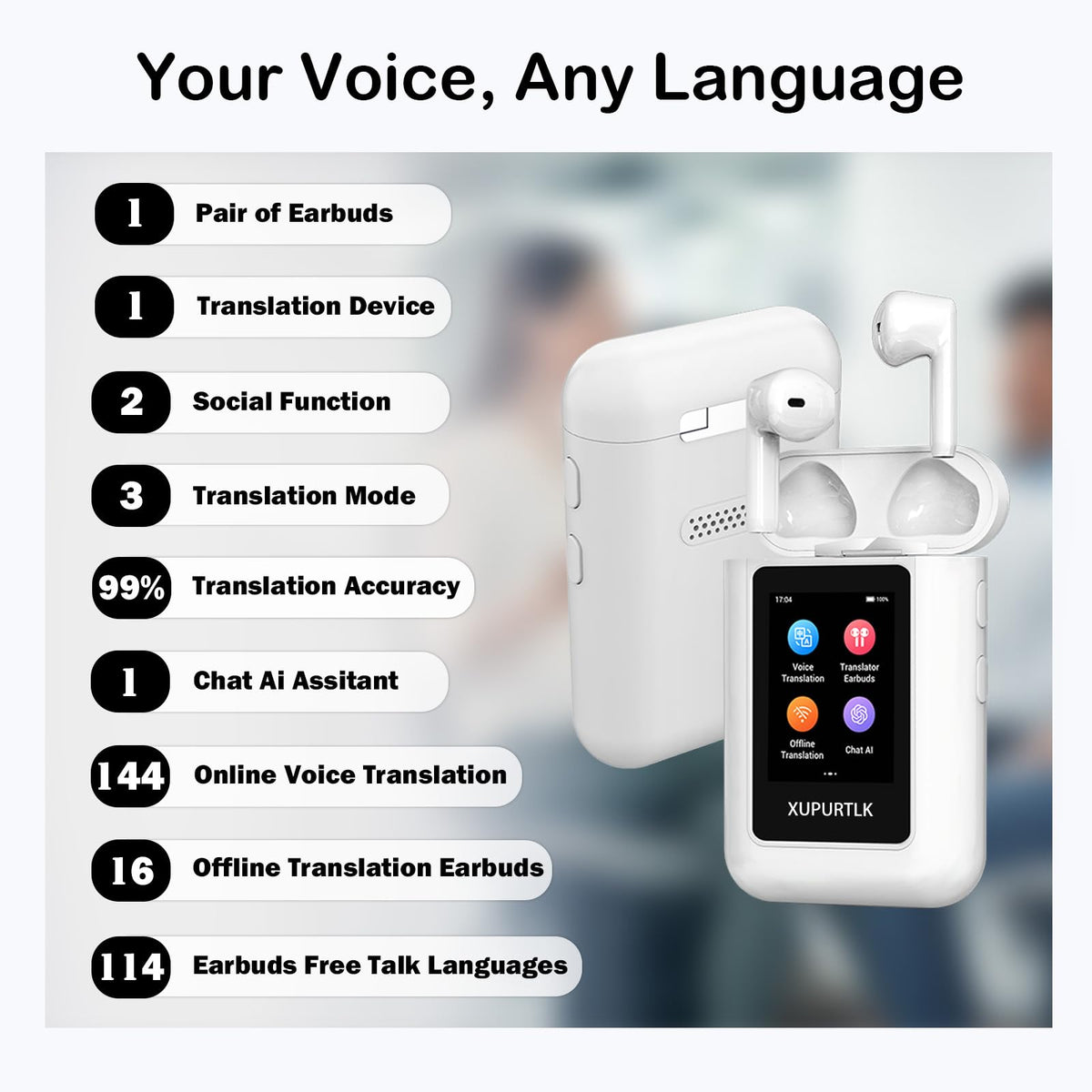 Xupurtlk AI Translation Earbuds Real Time, 120 Offline Packages Audifonos Traductores Inglés Español, Language Translator Earbuds with 74 Online Languages, A8 Translator Device for Travel/Business