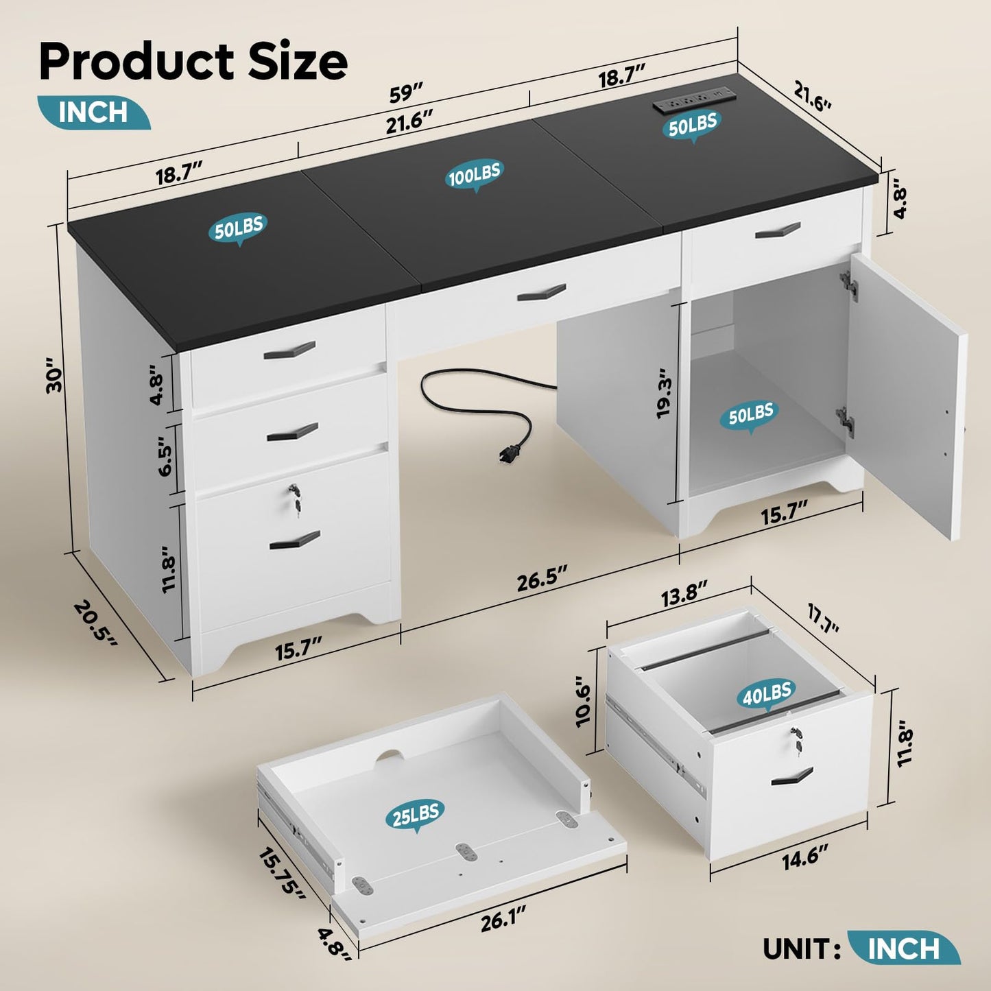 Bestier 59” Office Desk with Lockable Drawers, Modern Computer Desk with File Drawer, Charging Station & Drop-Front Keyboard Drawer, Executive Desk with Storage Cabinet for Home Office & Studio, White
