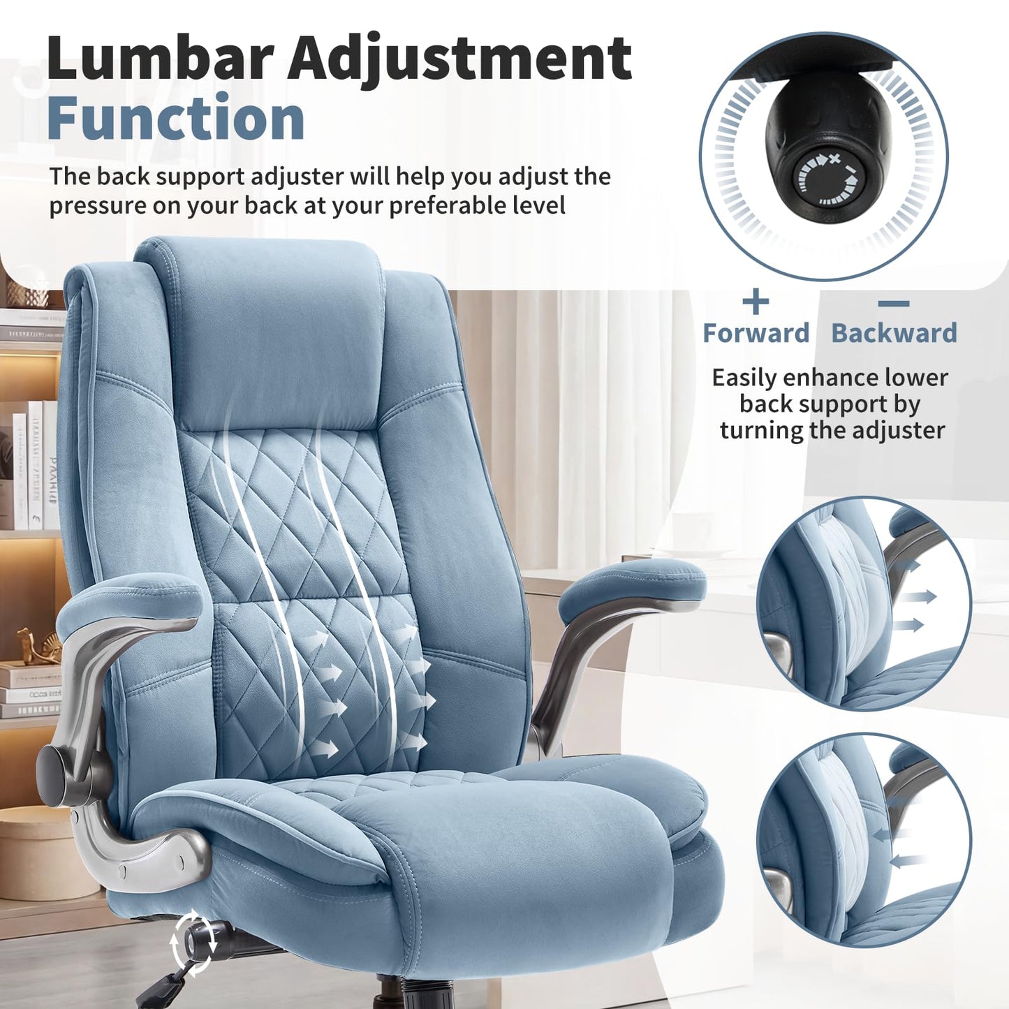 Fabric High Back Office Chair with Lockable Quiet Casters, Thick Padded Ergonomic Computer Chair- Adjustable Lumbar Support & Flip-Up Arms, Wide Executive Desk Chair for Back Pain, 400LBS Capacity