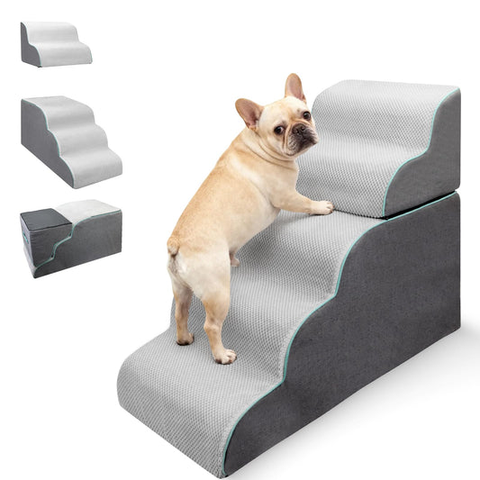 DAORDAER Dog Stairs for High Bed, 27.9 Inch Height 5-Step,Foldable Pet Stairs for Small Dogs and Older Pets,Curved 2 in 1 with Zippers Non-Slip Balanced Pet Ramp,Grey