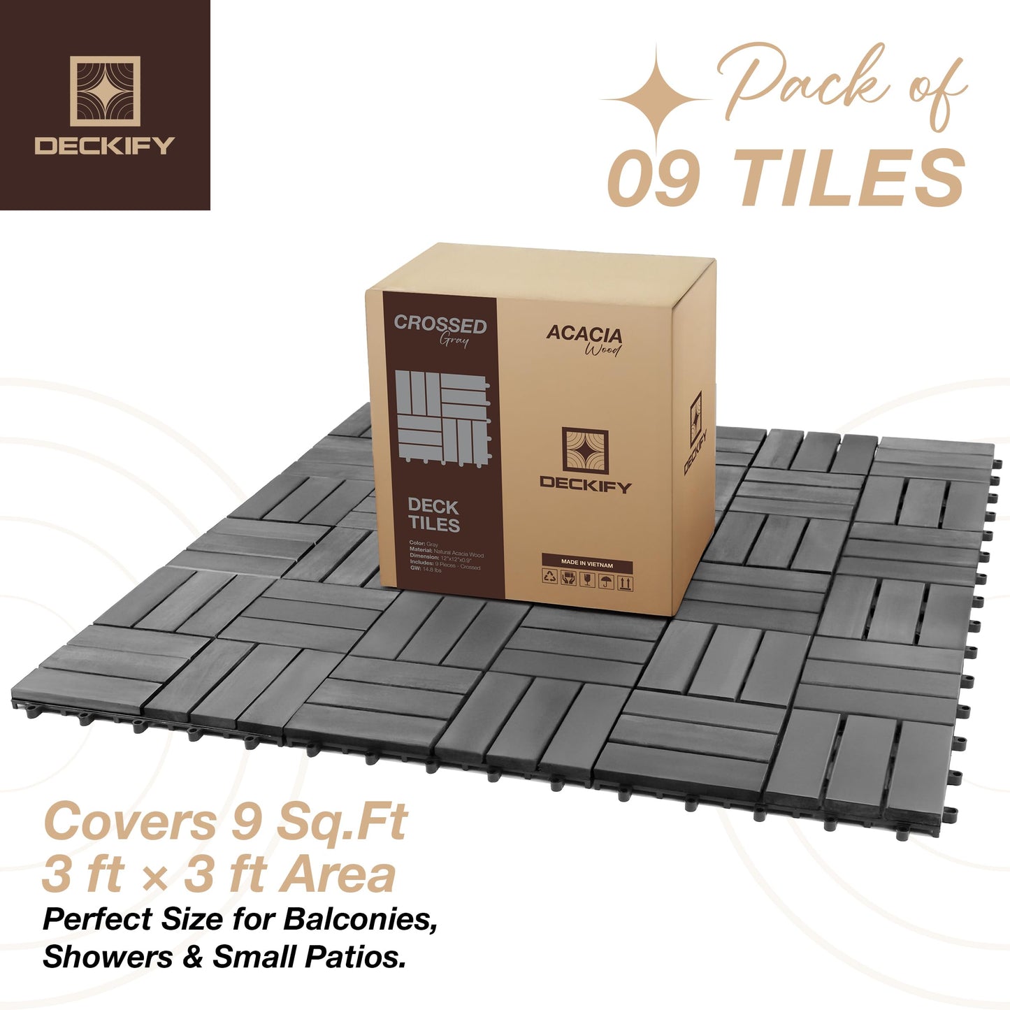 DECKIFY 9Pcs Premium Acacia Wood Interlocking Patio Deck Tiles, 12 x 12 x 0.9 Inch Outdoor Flooring, Waterproof for All-Weather Use – Crossed, Gray