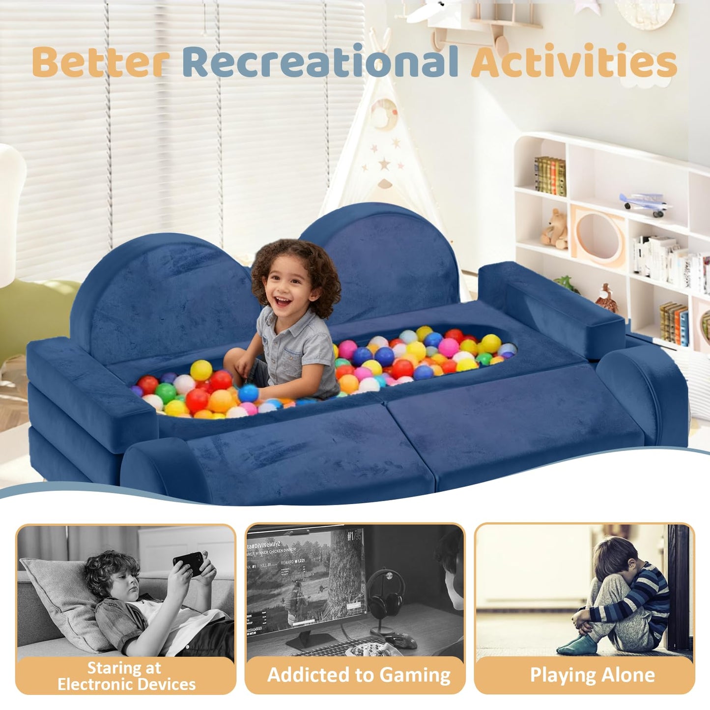 Decmuerx 12pcs Modular Kids Play Couch - CPC Certified Convertible Toddler Sectional Sofa, Washable Durable Foam Floor Cushion for Kids Playroom (Play Fort/Castle)