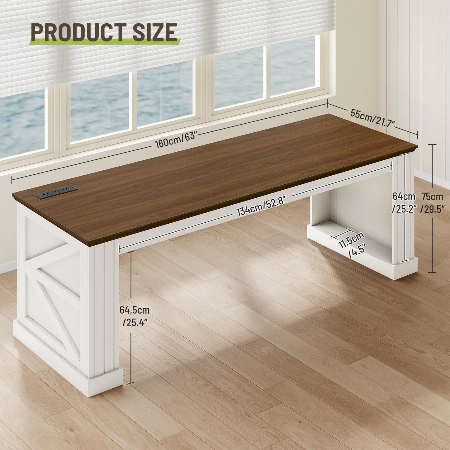 STHYTON 63-Inch Farmhouse Executive Desk, Long Computer Desk with Built-in Charging Station & Bottom Storage, Home Office Writing Study Desk for Bedroom, Living Room, White and Walnut
