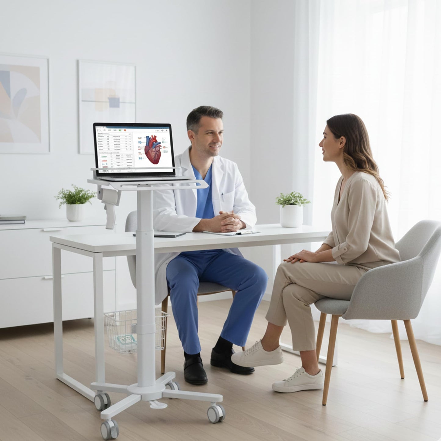 MB-C13-4 Height Adjustable, Lightweight, Anti-Theft, Anti-Slip Medical Laptop Workstation Trolley Cart with Wheels, Oral Scanner Holder, Basket Storage | Tabletop for Dental Office, Hospital, Clinic