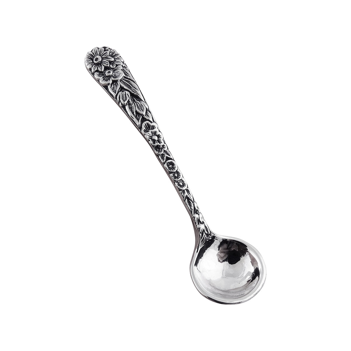 2" Sterling Silver Floral Daisy Salt Spoon or Mustard Spoon, Polished Round Bowl, Flower Design Handle