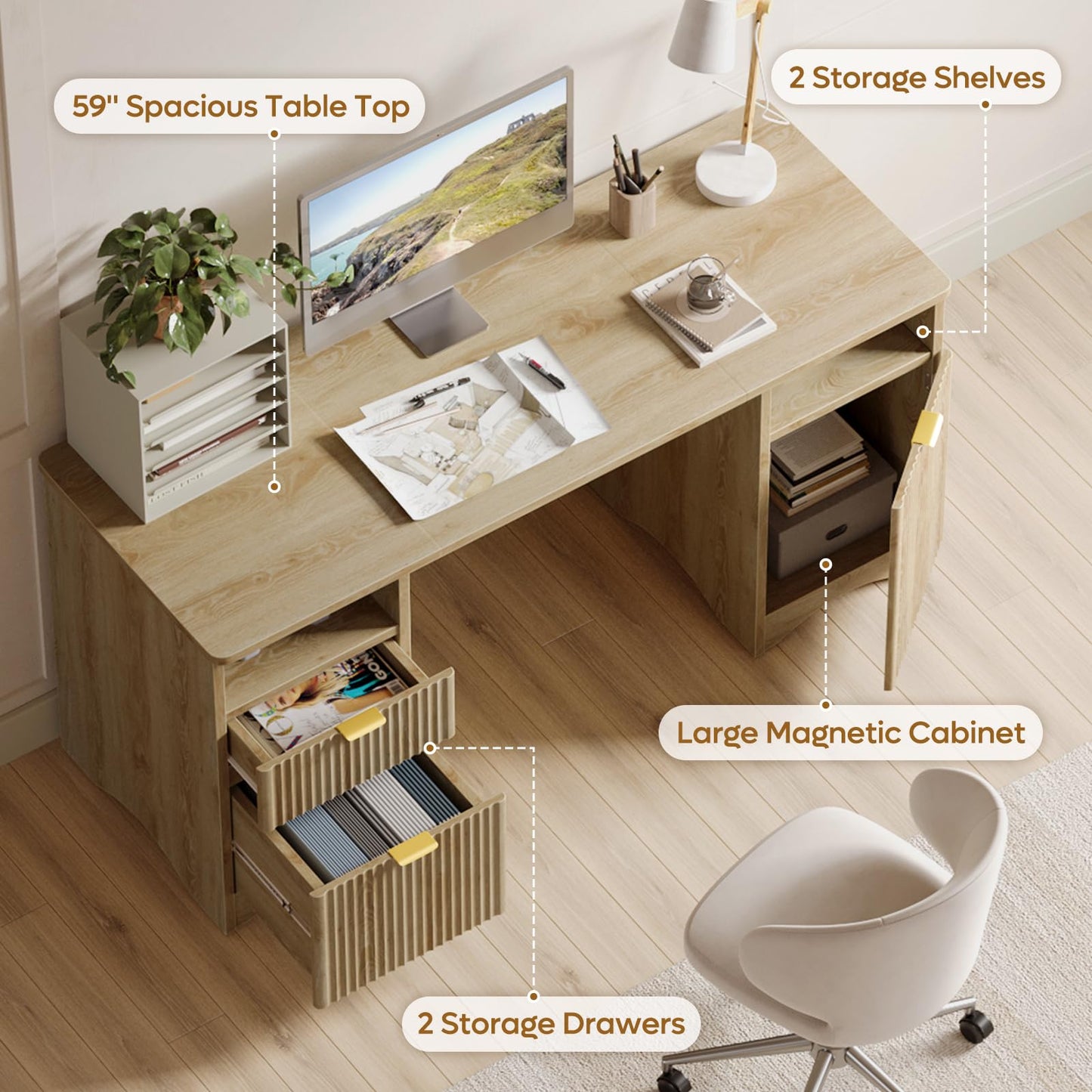 Bestier Computer Desk with 2 Drawer, 59 inch Office Desk with Storage Cabinet & 2 Open Storage, Fluted Executive Desk for Home Office & Studio, Brown Oak