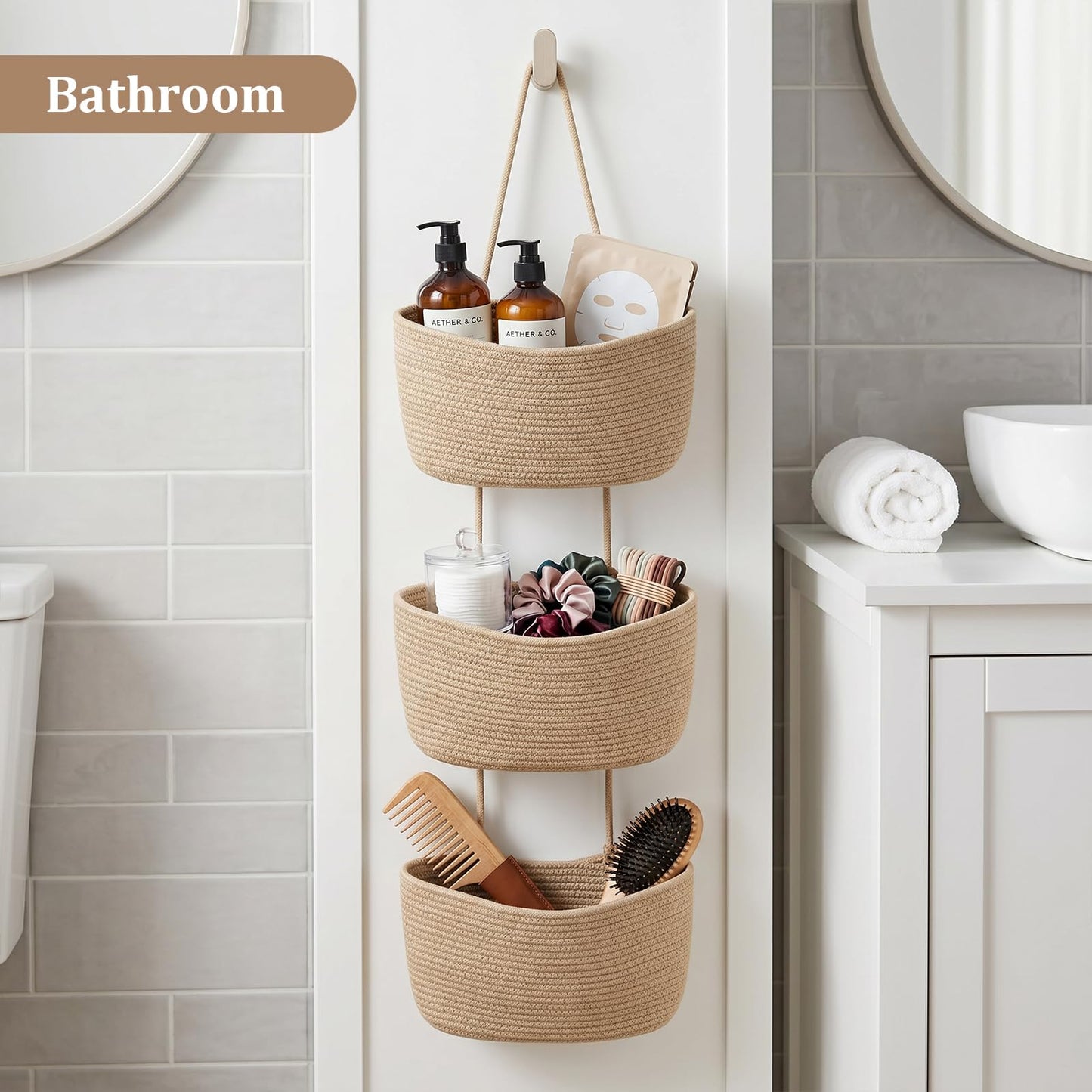 TeoKJ Over the Door Hanging Basket, 3-Tier Woven Cotton Wall-Mounted Storage Organizer Bag Decorative Hanging Nursery Baskets, Jute