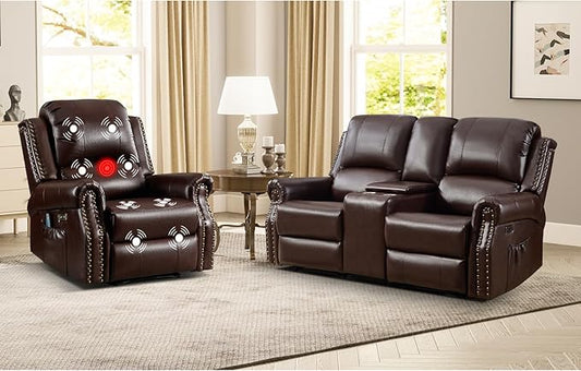 EBELLO 2-Piece Manual Recliner Sofa Set, Faux Leather Message Single Recliner
