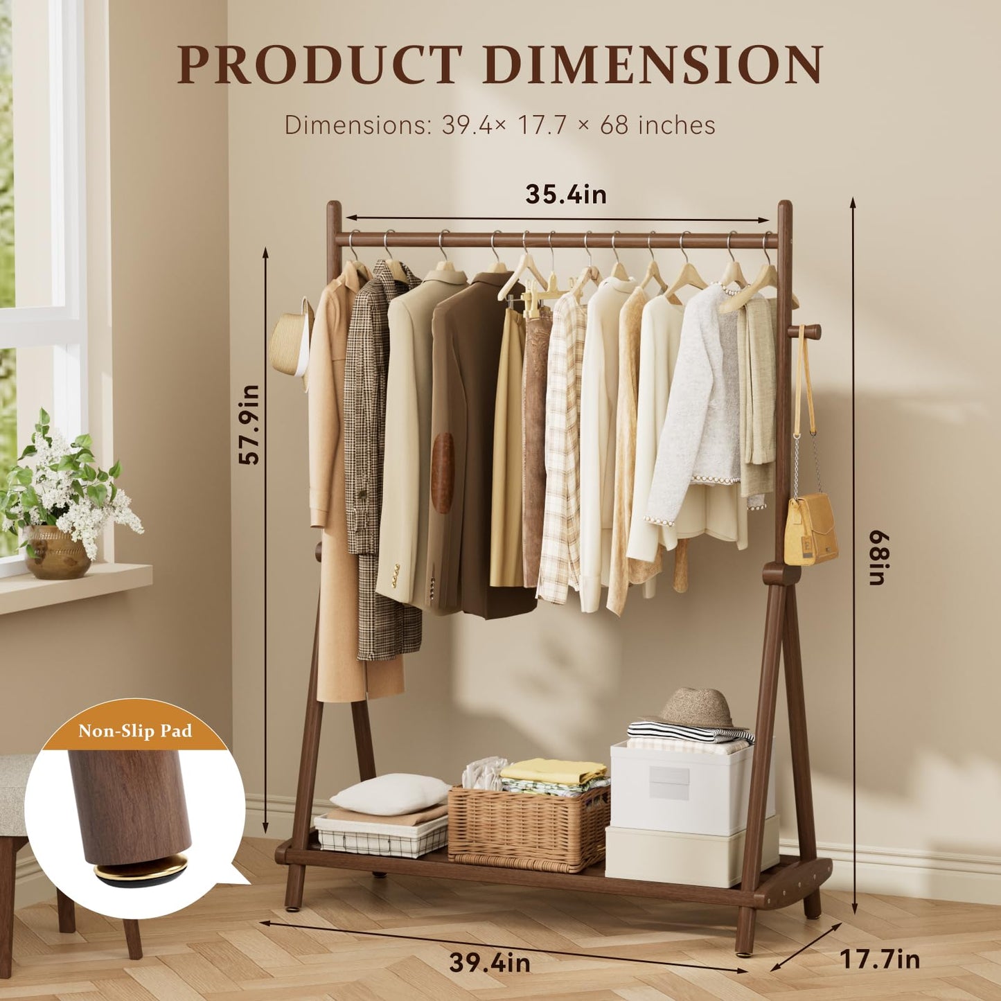 Wamhom Solid Wood Clothes Rack,Freestanding Garment Rack & Coat Tree,Extra-Long 39.38" Hanging Rod, Double Storage Shelves for Bedroom, Entryway, Hallway