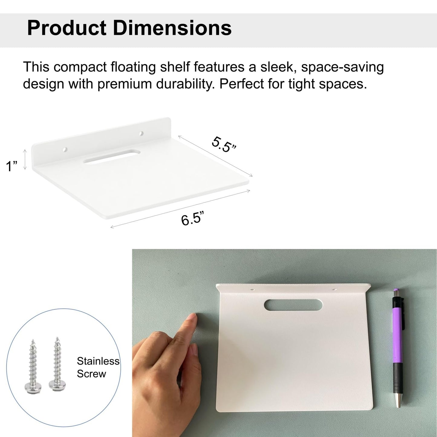 NUTNAPH Small Floating Shelf –3mm Thick, 6.5 inch, Wall Shelf, Metal Floating Shelves for Echo, Cameras, Small Speaker, Wall Shelves for Bathroom, Living Room, Bedroom (White 1pcs)