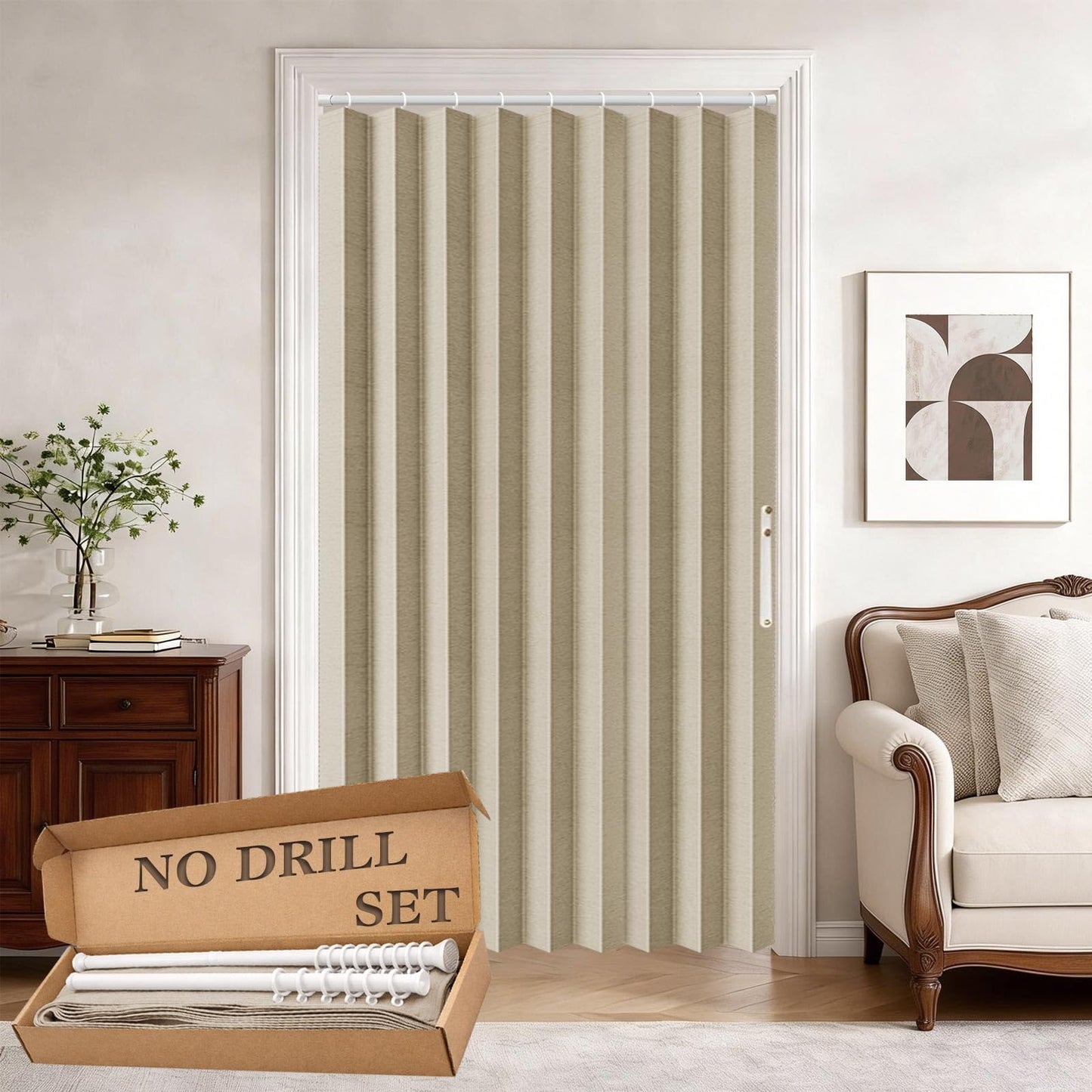 Jilron Accordion Door Curtain Set - 100% Blackout, with Curtain Rod Included, for Bedroom Privacy Protection (Beige-43 W x 78" L+Rod)