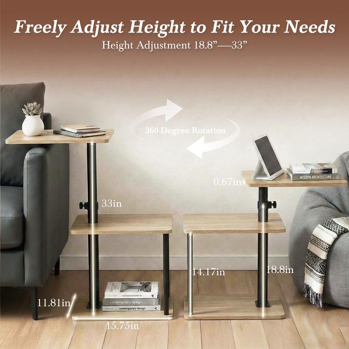 Faesun 360° Swivel Side Table for Height Adjustable, C Shaped End Table for Couch with Storage, 3-Tier Night Stand with Open Shelf, Tv Tray for Small Spaces, Living Room, Bedroom, Oak