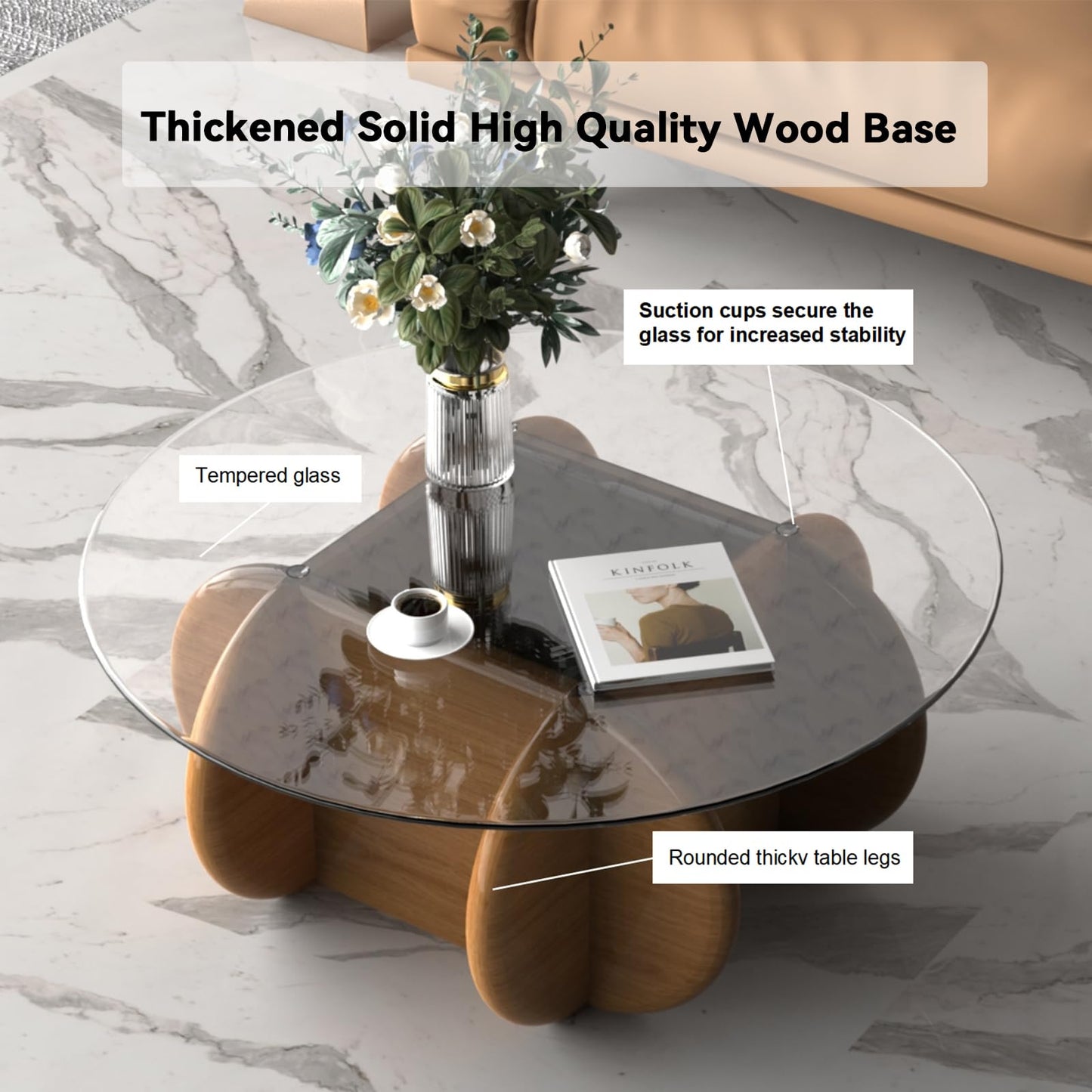 TATBTCT Transparent Round Glass Coffee Tables Noguchi Elegant Round Coffee Table with Solid Wood Legs and Tempered Glass Tabletop for Living Room Home Small Space Reception Office Tables 31.5"