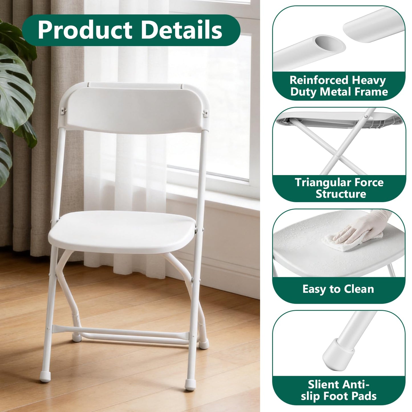 FurniEdge 6 Pack White Plastic Folding Chairs, Outdoor Portable Folding Chair with Steel Frame, 350lbs Capacity Stackable Foldable Chairs for Patio, Garden, Picnic, Kitchen, Events