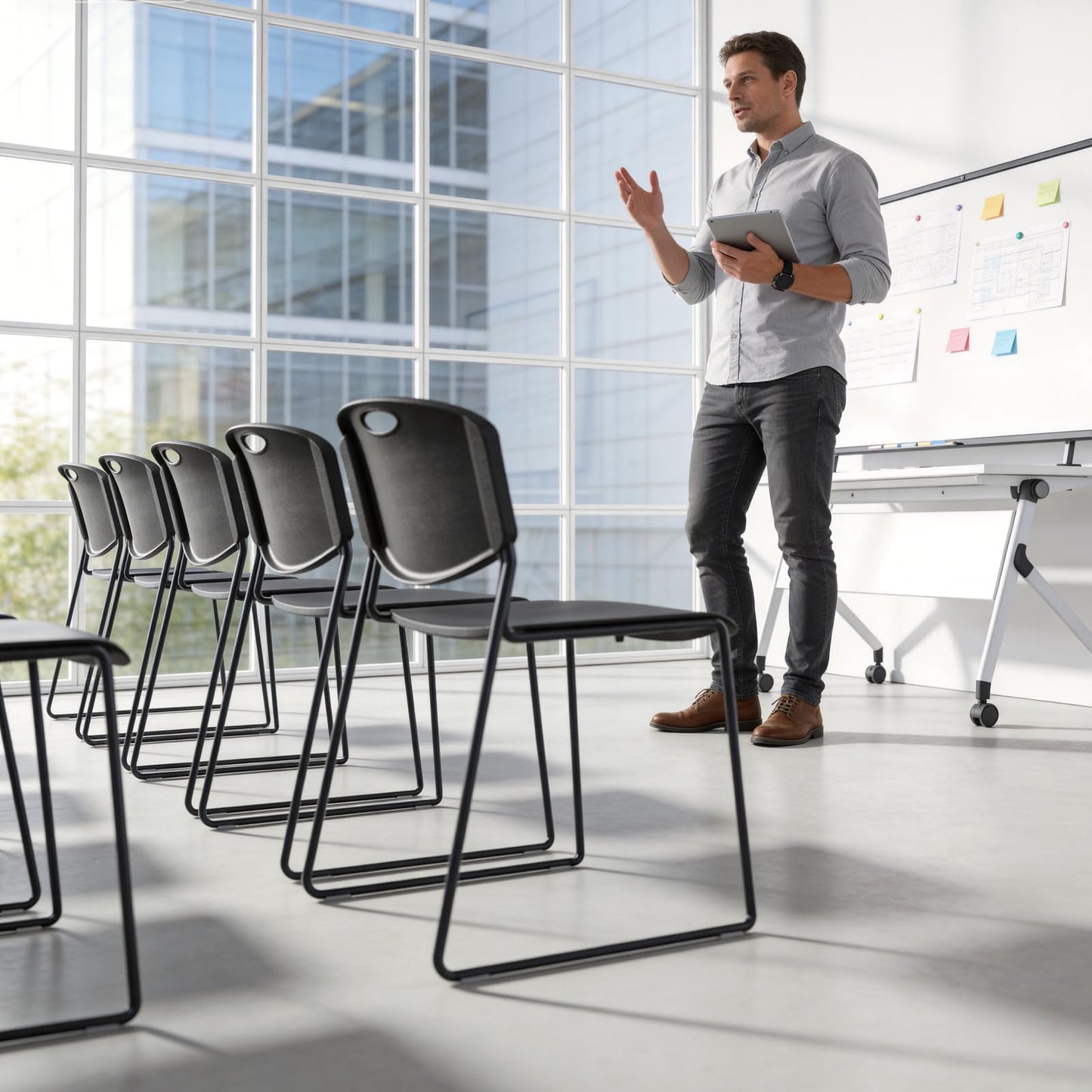 MAKE CHANGES Stacking Chairs Set of 4, Plastic Waiting Room Chair with Sled Base, Stackable Office Guest Reception Chairs No Wheels for Break Rooms and Conference Rooms Black