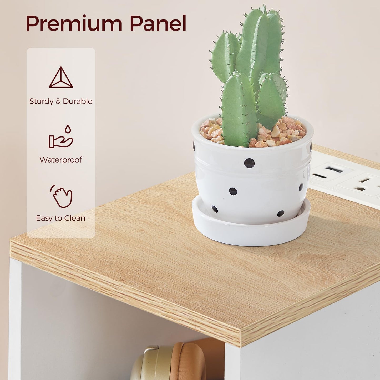 MAHANCRIS Narrow Nightstand, Narrow End Table with Charging Station, Skinny Bedside Table for Small Spaces, Mid Century Modern Night Stand for Bedroom, Living Roon, Natural and White ETNW30E01