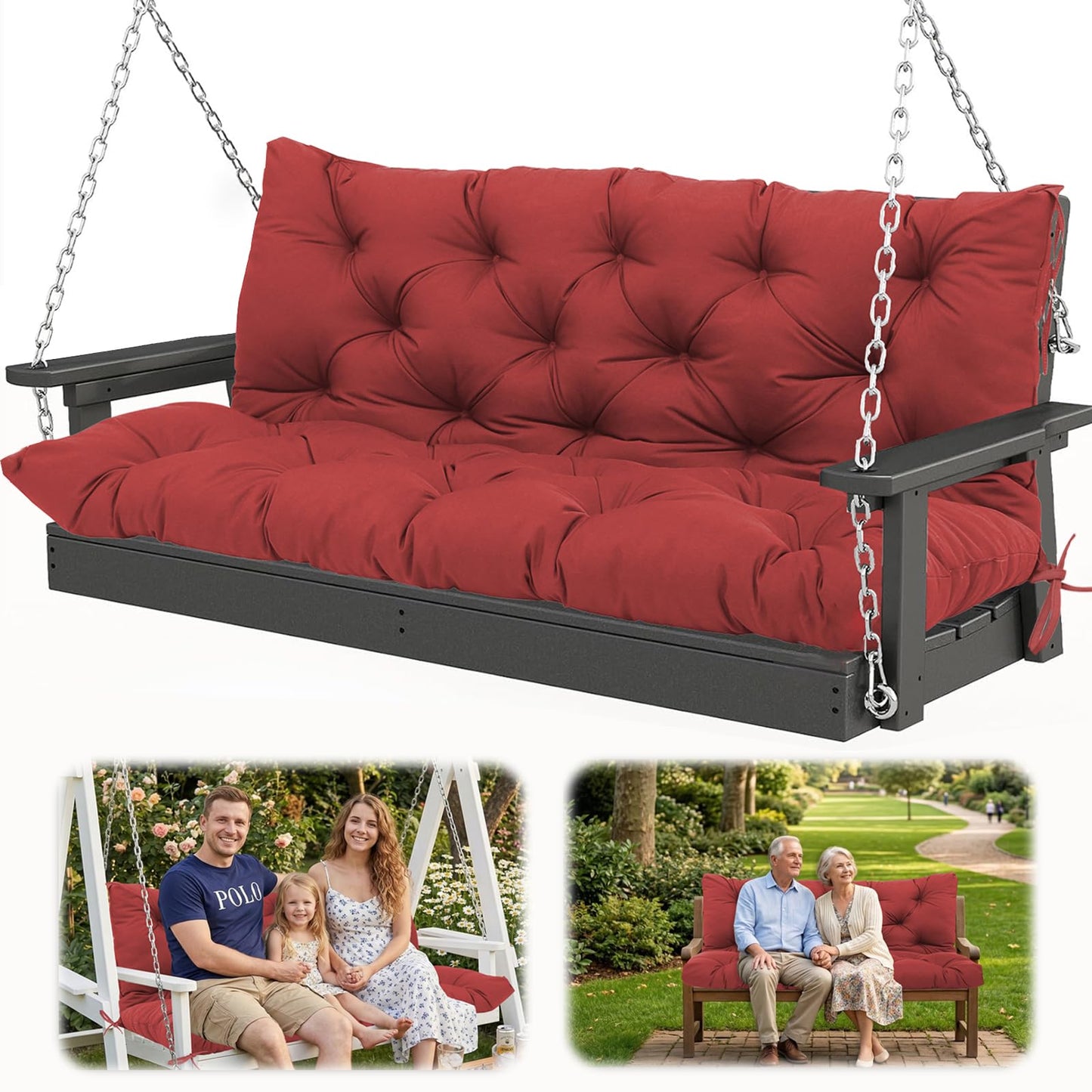 Porch Swing Cushions 2-3 Seater Replacement Thicken 5" Waterproof Swing Cushions for Outdoor Furniture Bench Patio Swing Cushion with Backrest & Ties(Wine Red 60x40x5inch)
