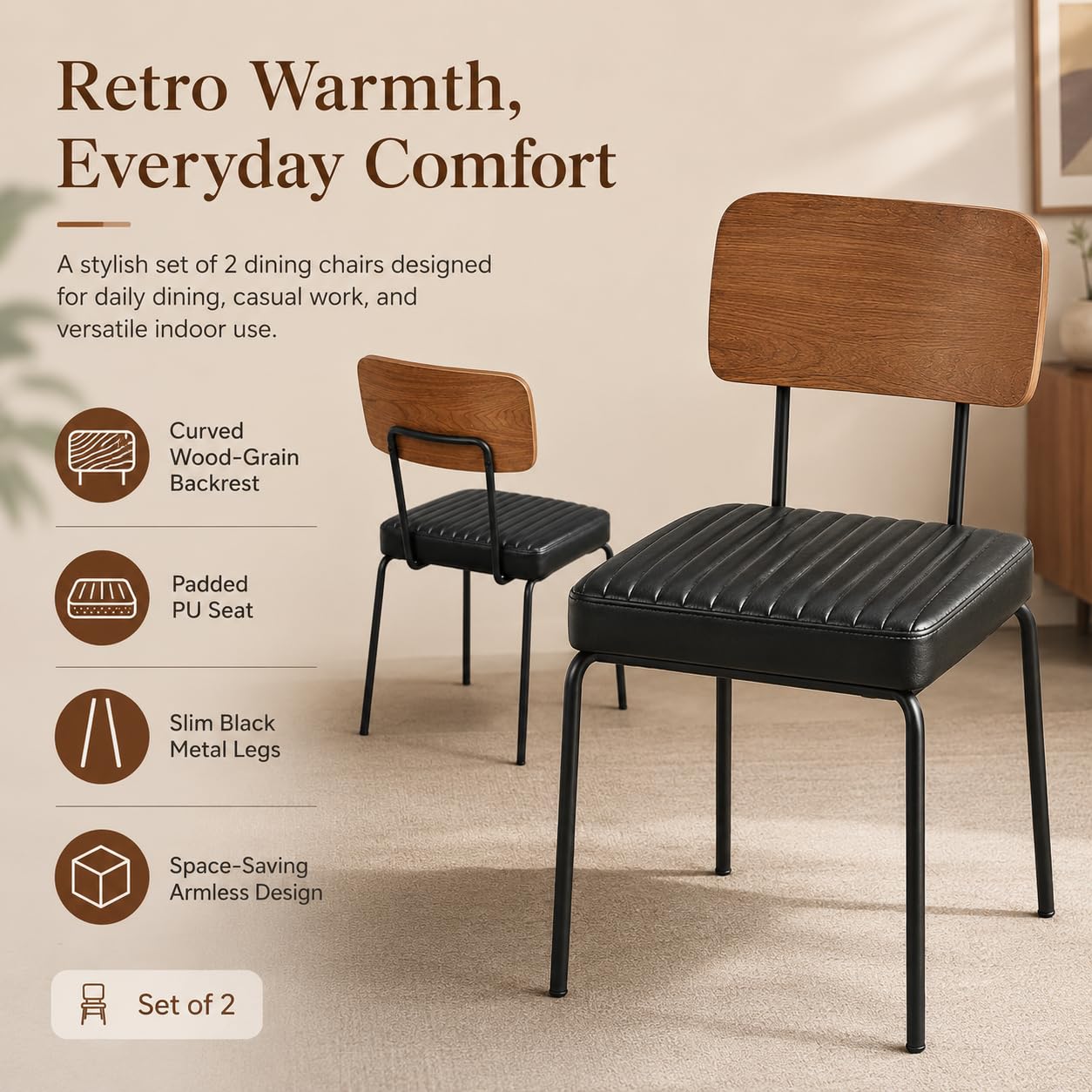 Dining Chairs Set of 2, PU Upholstered Kitchen & Dining Room Chairs with Curved Wood-Grain Plywood Back, Black Metal Legs, Adjustable Foot Pads, Armless Chairs for Dining Room, Kitchen, Vanity, Office