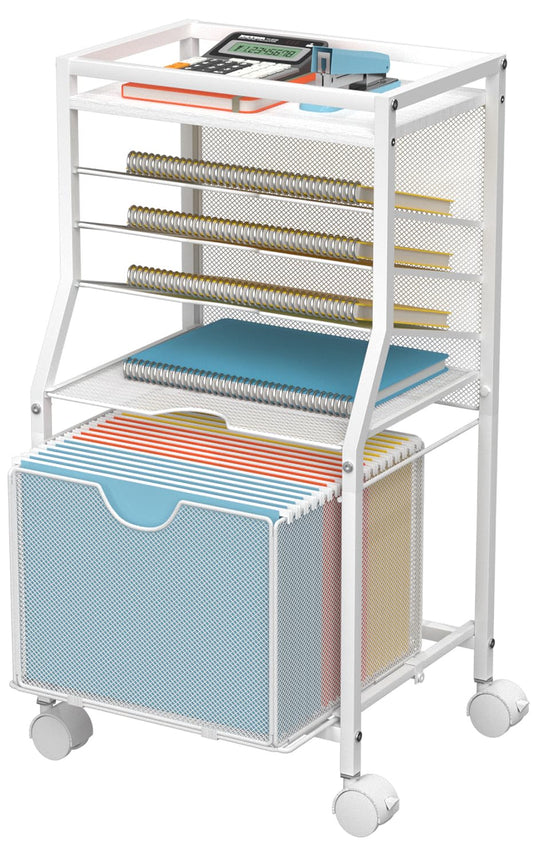 BOHDK Rolling File Cart, 6-Tier Desk File Organizer on Lockable Wheels, White Wood Planks & Mesh Sliding Hanging Folder Drawer, Organization Cart for Office Home School