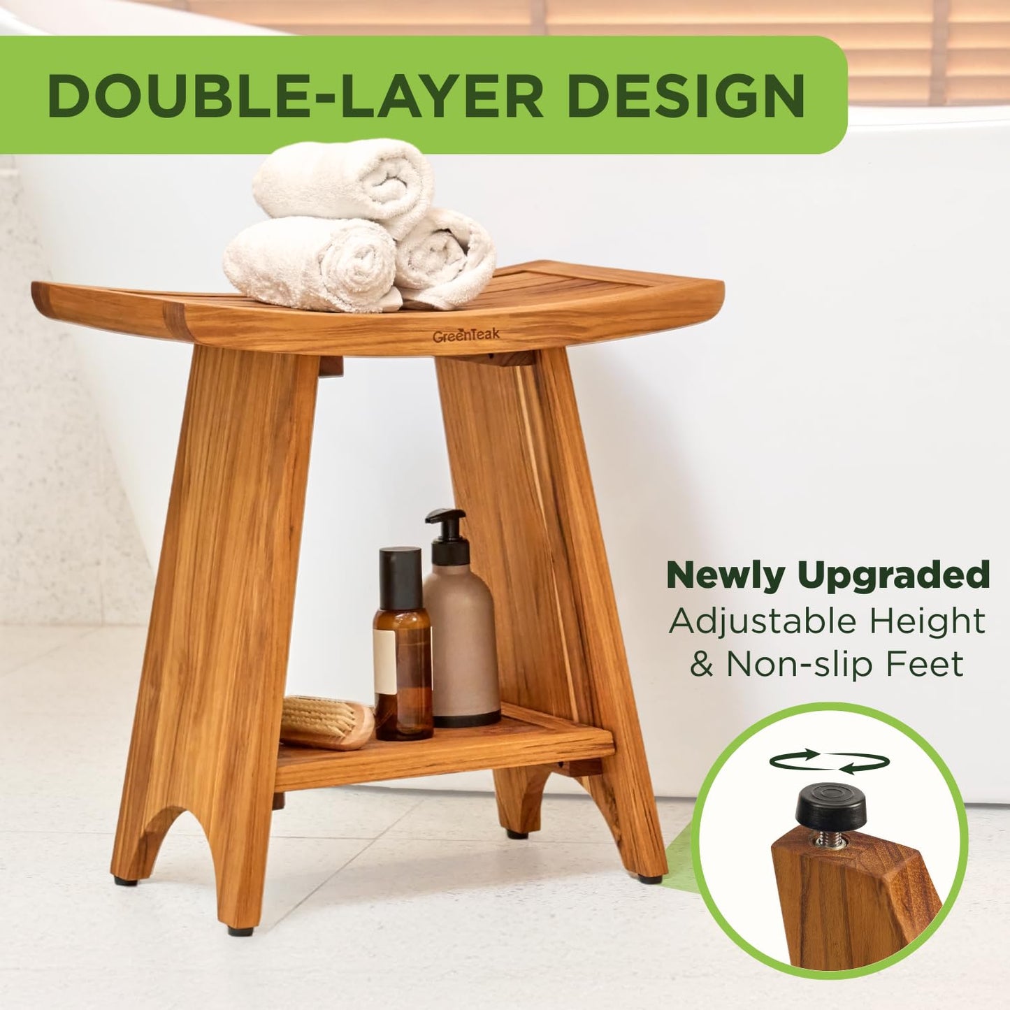 GREENTEAK Premium 18" Teak Wood Shower Bench with Shelf, 2-Tier Waterproof Teak Shower Stool, Non-Slip Feet for Enhanced Safety, Spa Bath Seat for Bathroom, Indoor & Outdoor, 300 lb Capacity (Curved)