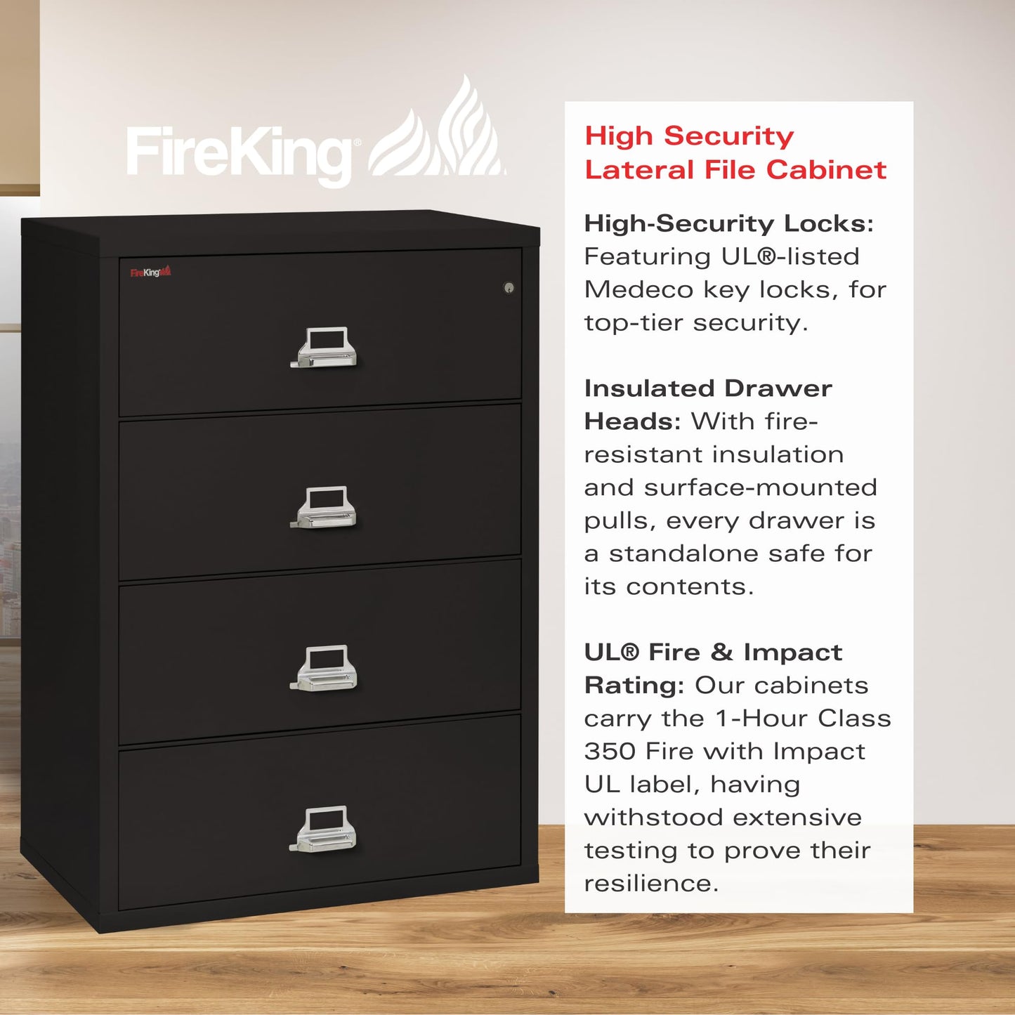 FireKing Fireproof Lateral File Cabinet (4 Drawers, Impact Resistant, Water Resistant), 38" W x 22" D, Black, Made in USA