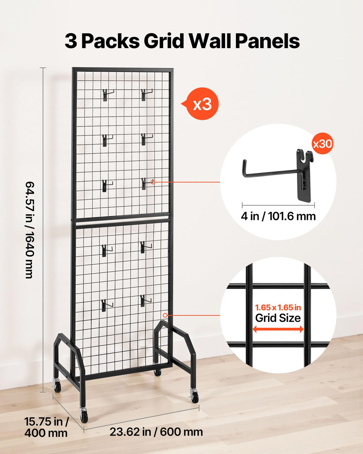 VEVOR 3 Packs Grid Wall Panels, 1.9 x 5.4 ft Wire Grid Panels Display Rack, Movable Art Display Shelf with Wheels and 30 Hooks, Black Carbon Steel Gridwall for Craft Show, Decor, Storage, Notice Board