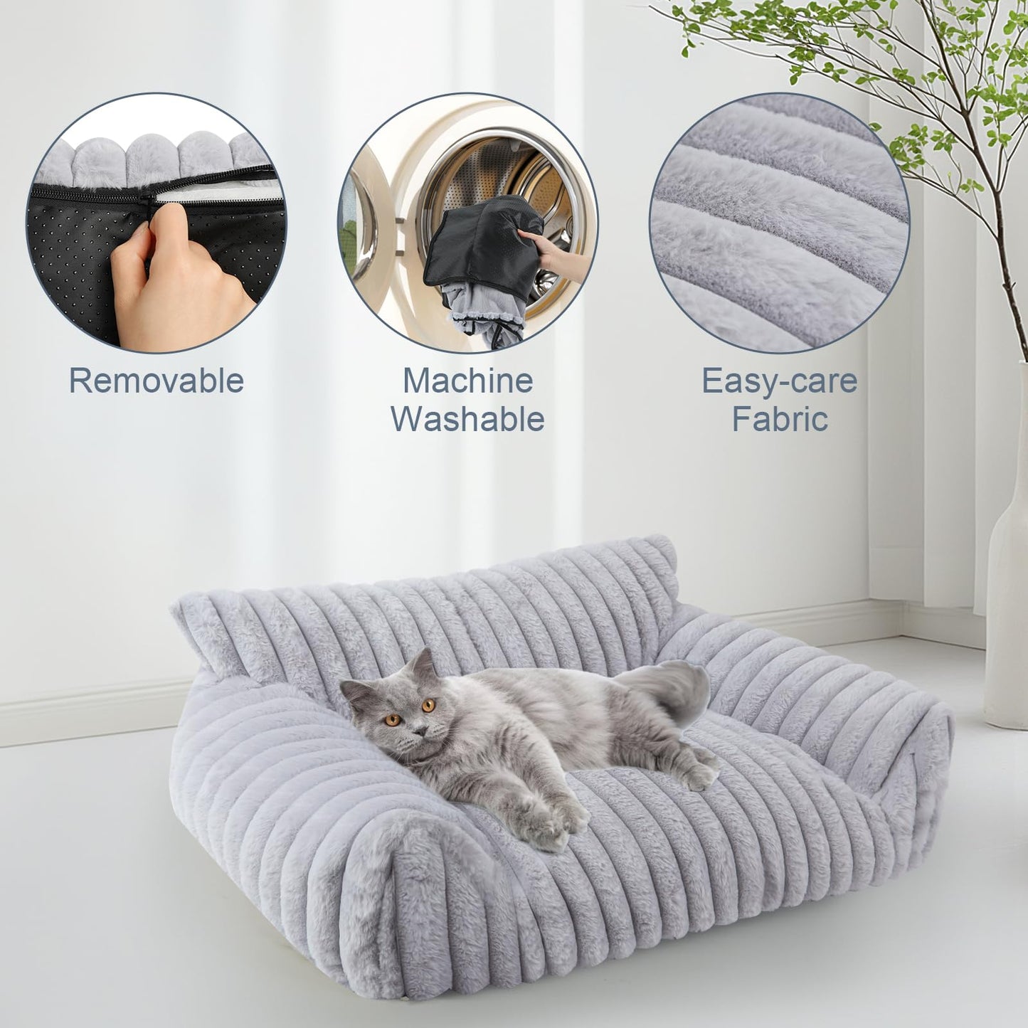 Cute Cat Couch Bed for Indoor Cats, Fluffy Pet Cat Sofa with Premium Soft Corduroy Fleece, Cute Small Dog Beds for Small Dogs, Fuzzy Puppy Chair with Removable Washable Cover (24x18x10,Grey)