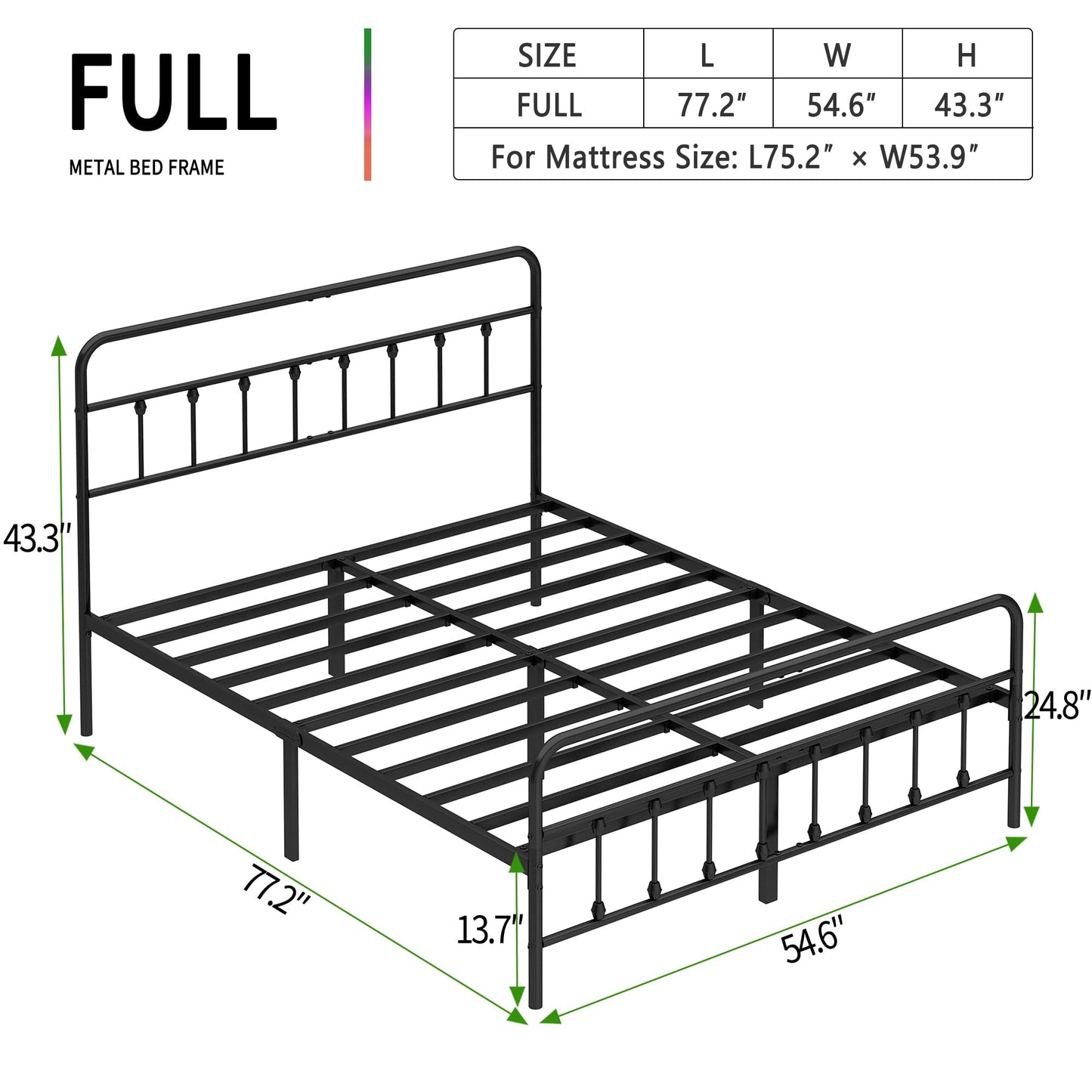 Chroark Full Size Black Metal Bed Frame with Headboard and Footboard, 12 Inch Underbed Storage Space, Heavy Duty Mattress Foundation with Steel Slat Support No Box Spring Needed
