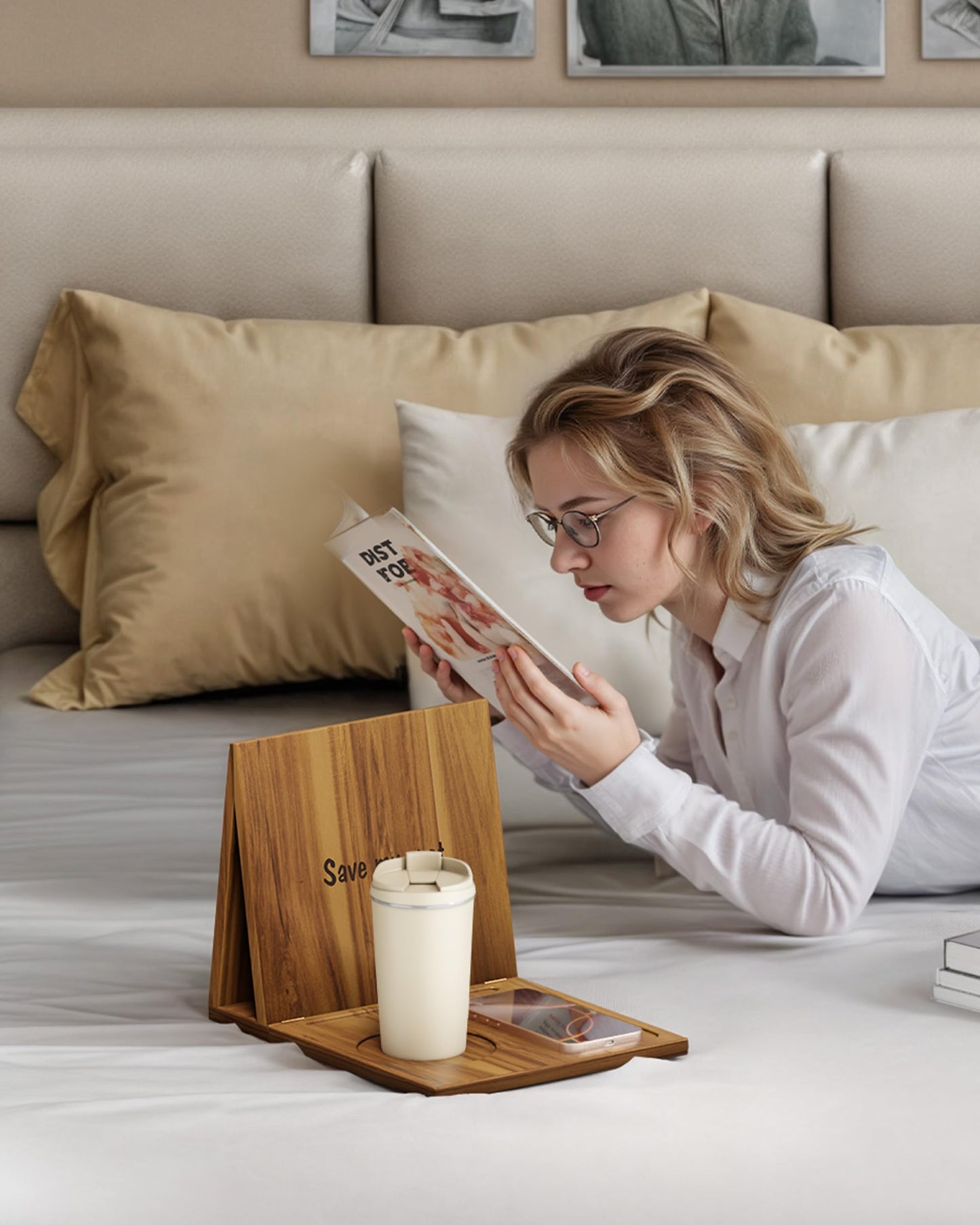 NAGAWOOD Triangle Book Holder, Wooden Book Stand for Reading Rest, Acacia Foldable Book Nook Reading Valet, Triangle Book Stand with Cup, Pen, Glasses and Phone Holder for Bedroom, Nightstand