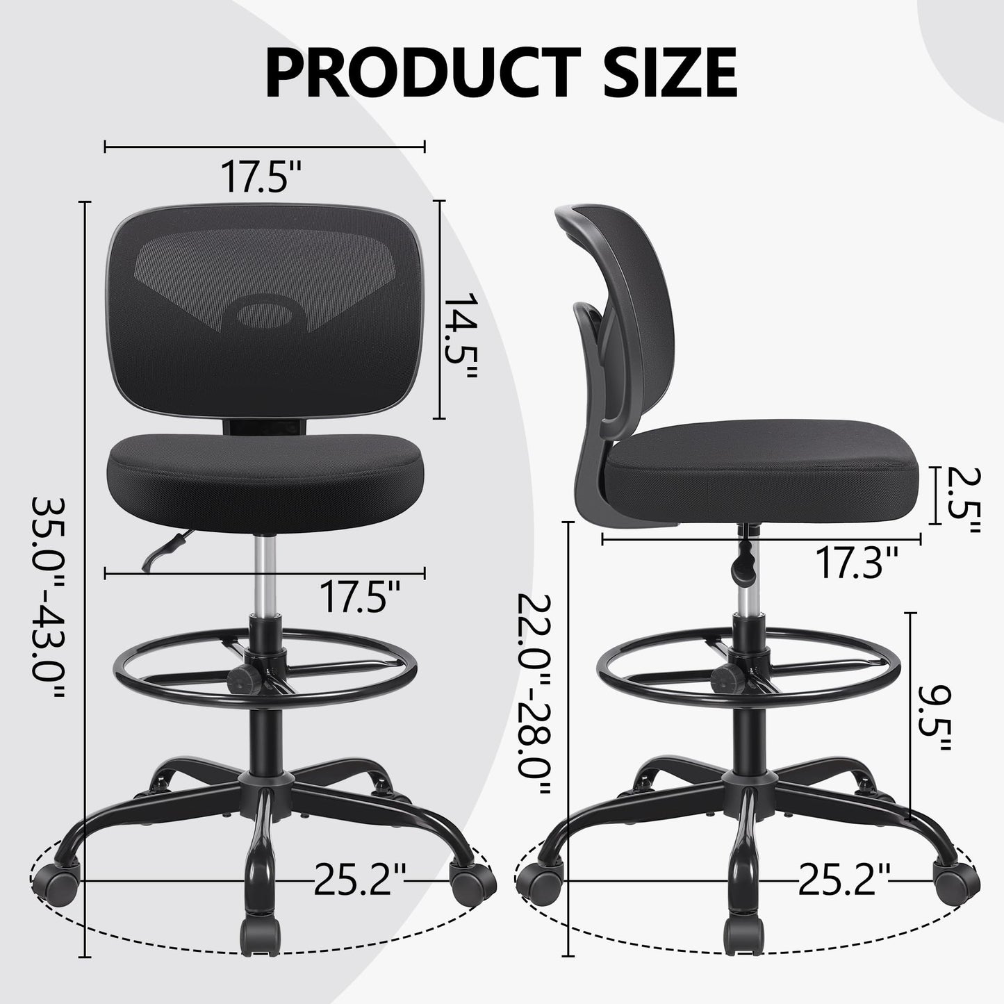 Primy Tall Drafting Desk Chair - Armless, Adjustable Height, Mesh Back, Rolling, Standing Desk Chair for Art Room, Office or Home (Black)