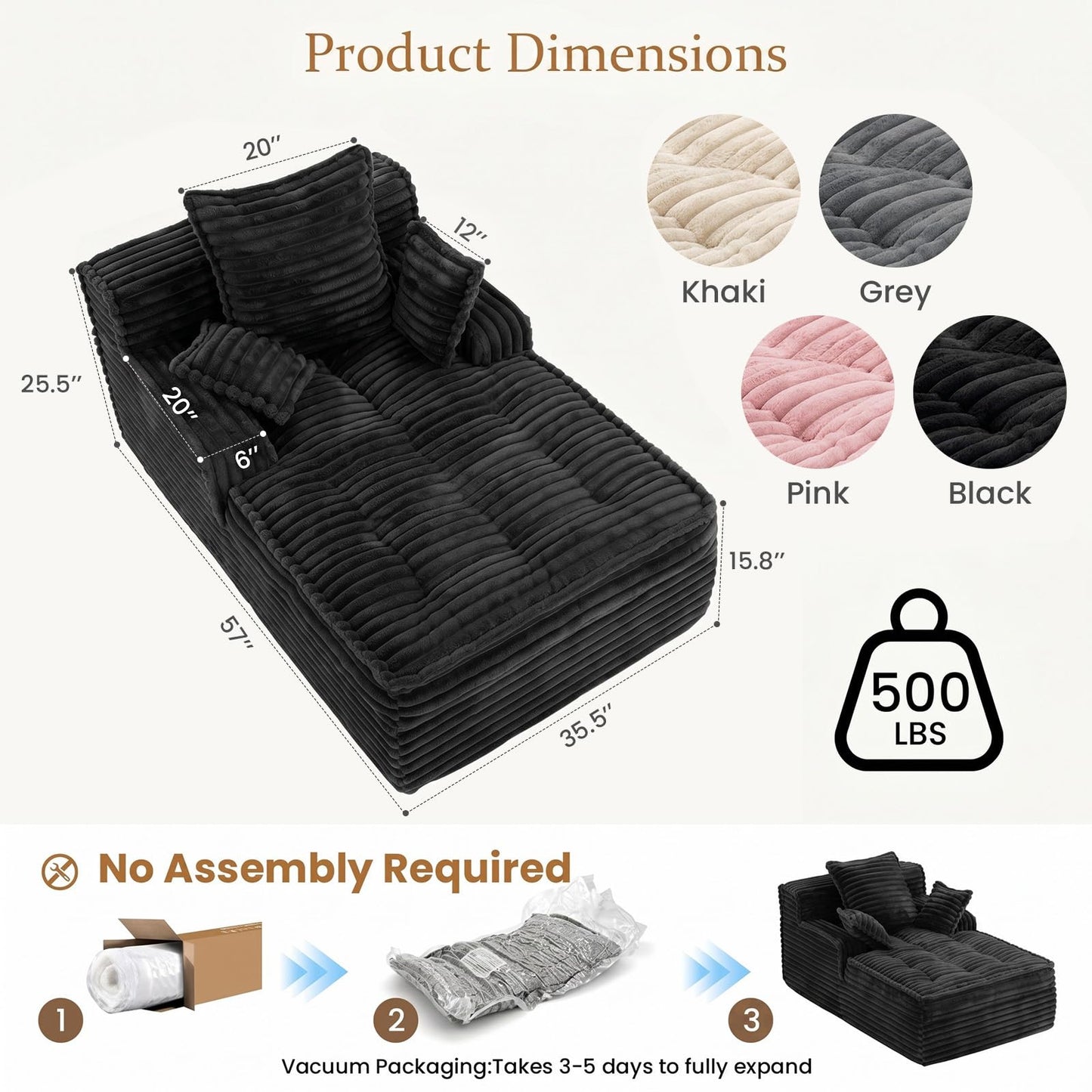 feliz home Boneless Chaise Lounge Couch Indoor, Small Corduroy Upholstered Sleeper Sofa Bed Reading Chairs with 3 Pillows, Fluffy Comfy Cloud Sofas Couches, Compression Boneless Sofa for Small Corner