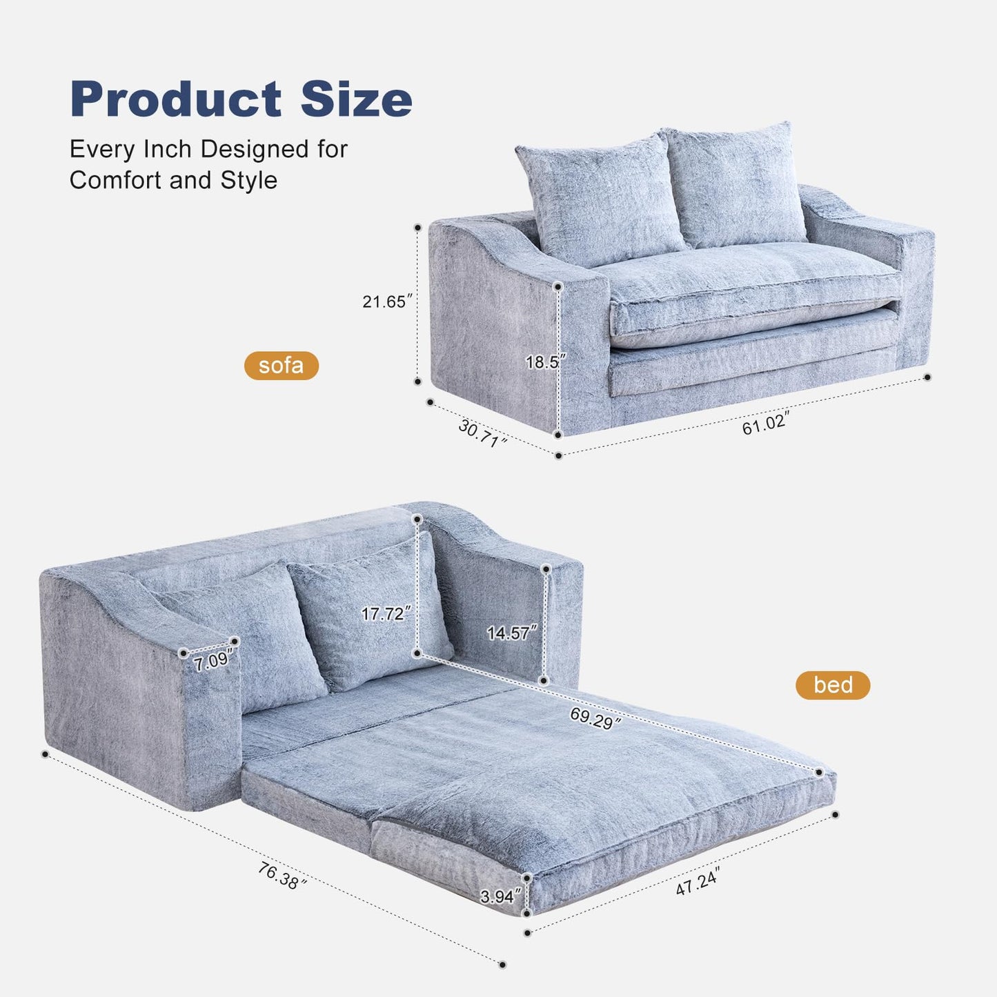61" Convertible Sofa Bed Loveseat, Memory Foam Boneless Floor Couch with Removable Faux Fur Cover, Tri-folding Compact Full-size Sleeper for Small Living Room, Playroom, Guest Room, RV (White-on-Grey)