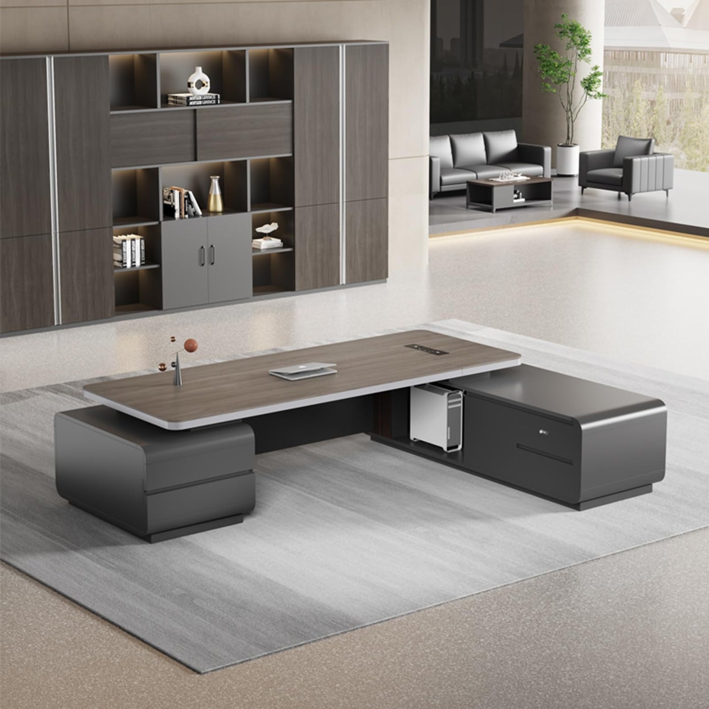 LSIGHTUS Grey L-Shaped Executive Office Desk, Modern Business Computer Desk with Lateral Cabinet Business Furniture Set Study Writing Table for CEO Boss