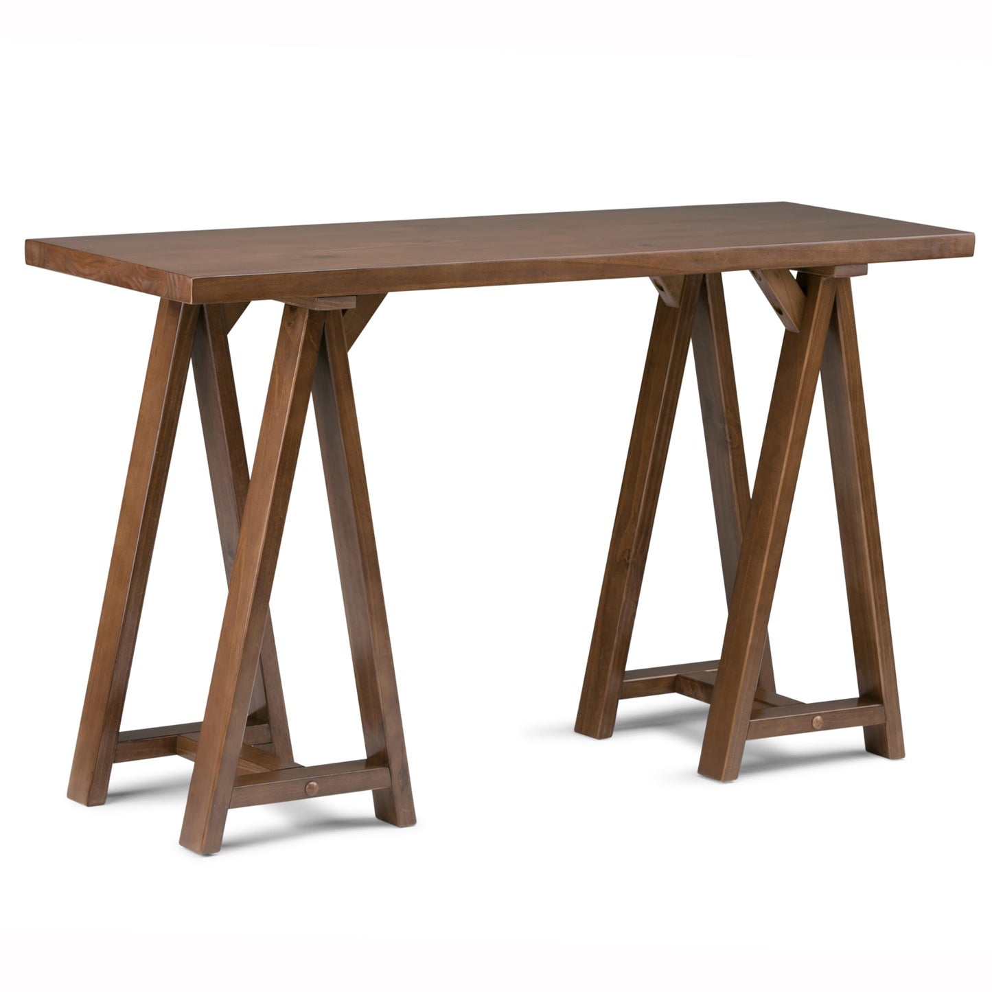 SIMPLIHOME Sawhorse Console Table - 50 Inch Wide Solid Wood Sofa Table in Medium Saddle Brown, Modern Industrial Entryway Table for Living Room with Extra Thick Top and Sawhorse Legs