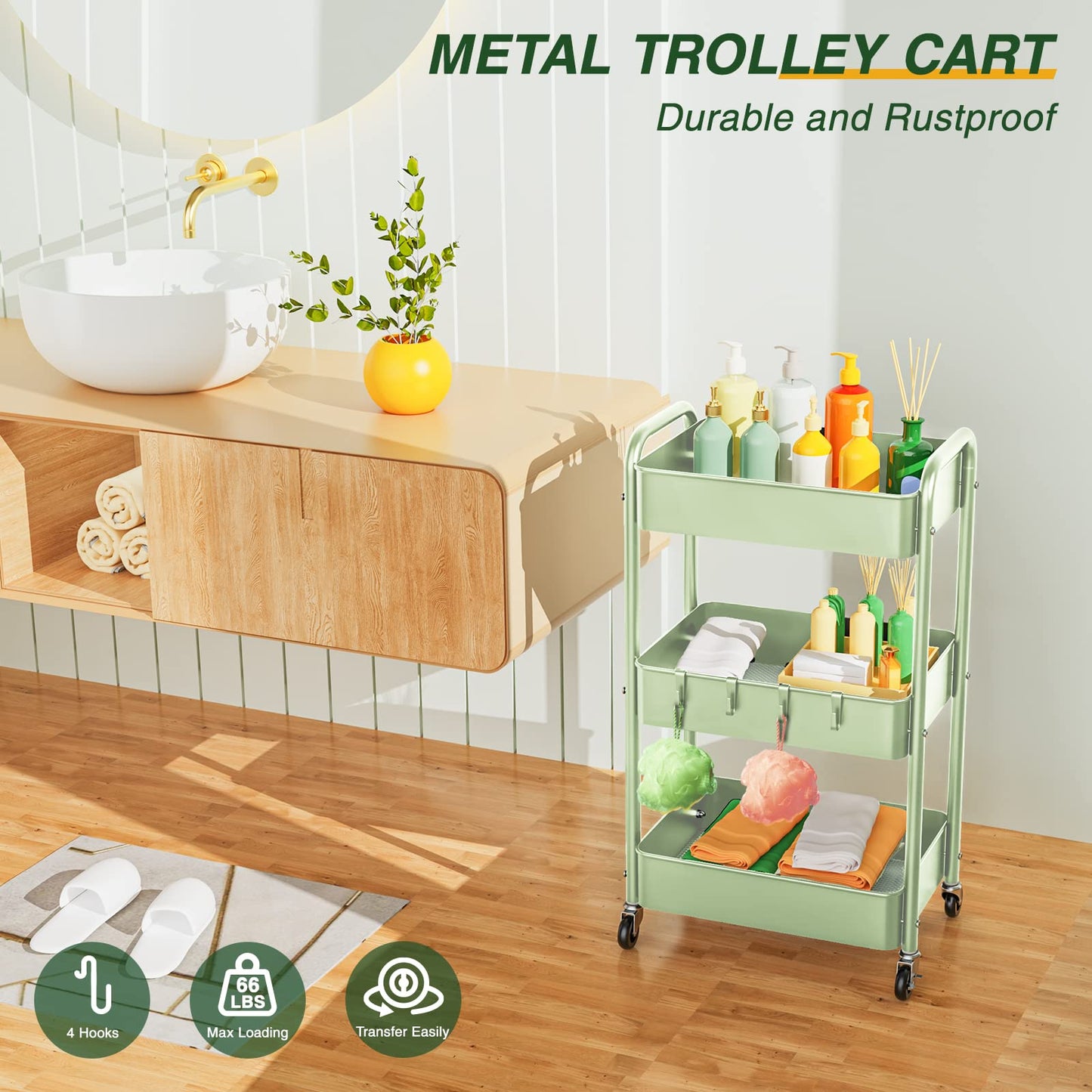 LEHOM 3 Tier Rolling Cart, Metal Rolling Utility Cart with Lockable Wheels & Hooks, Multi-Functional Heavy Duty Storage Cart Organizer for Bathroom, Kitchen, Office, Living Room